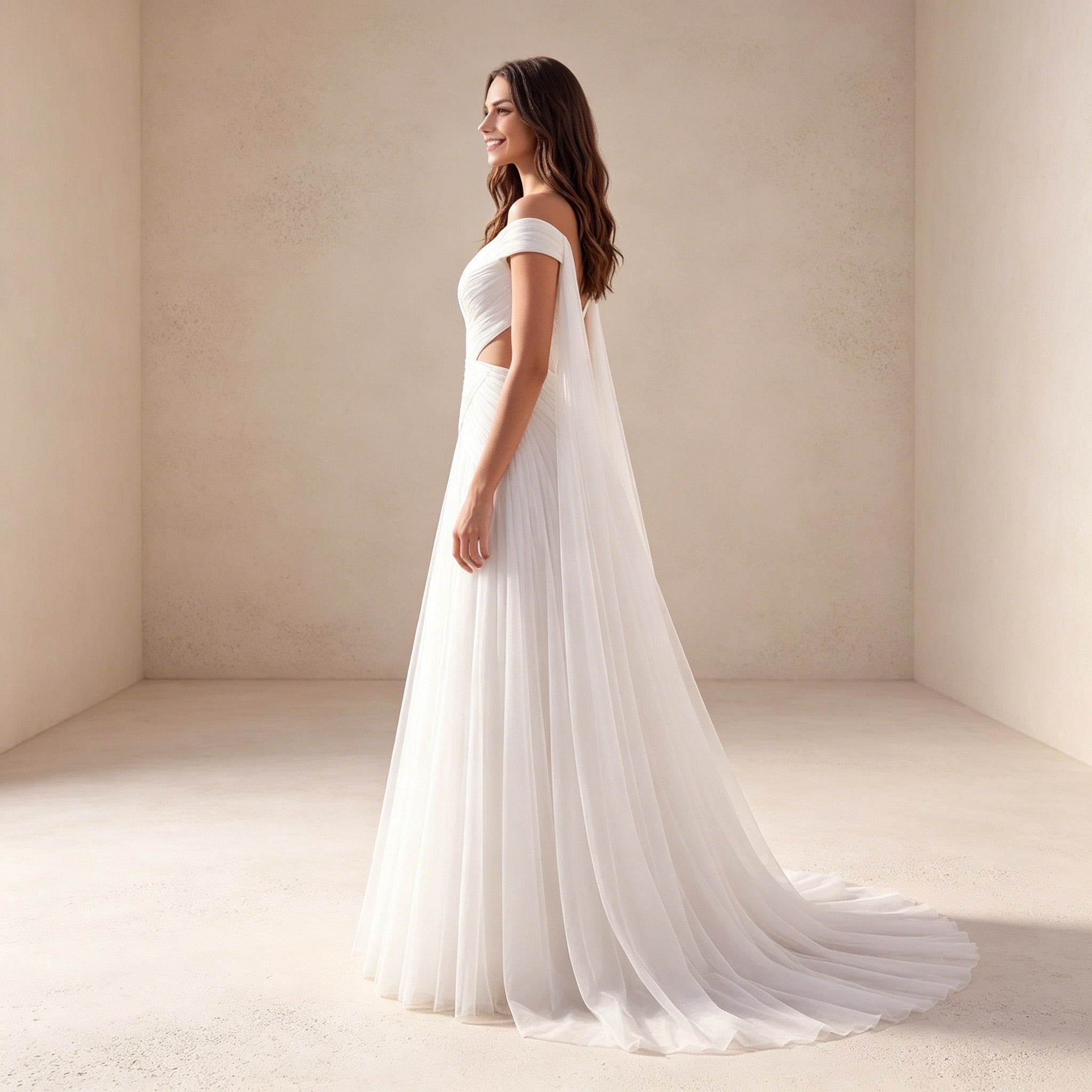 Off-Shoulder Abendkleid mit Cut-Outs – Elegantes Chiffon Maxikleid in Weiß