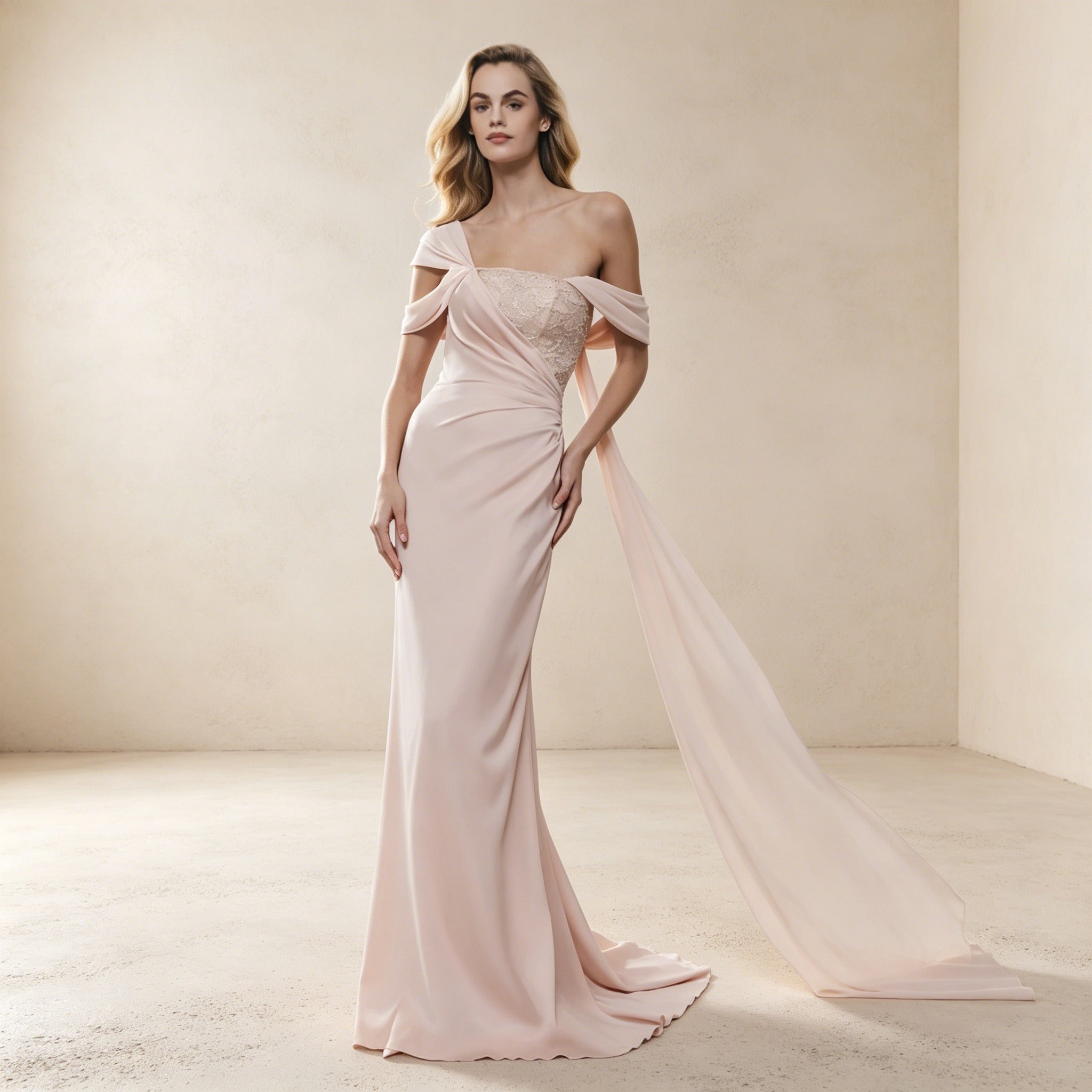Elegantes Abendkleid in Pastellrosa mit Spitzen-Korsage und fließender Schleppe