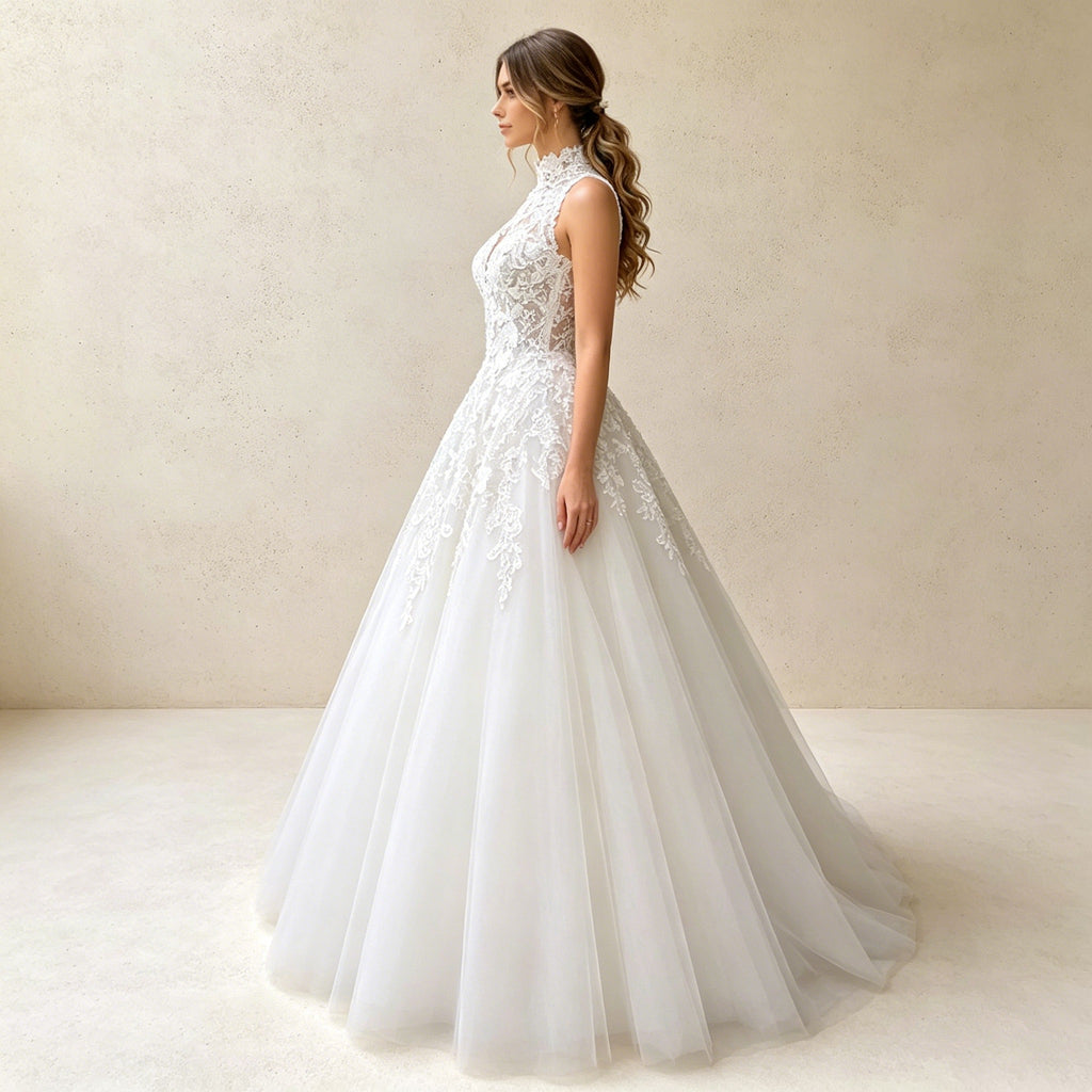Elegantes A-Linien Abendkleid mit Neckholder-Stehkragen und Spitze