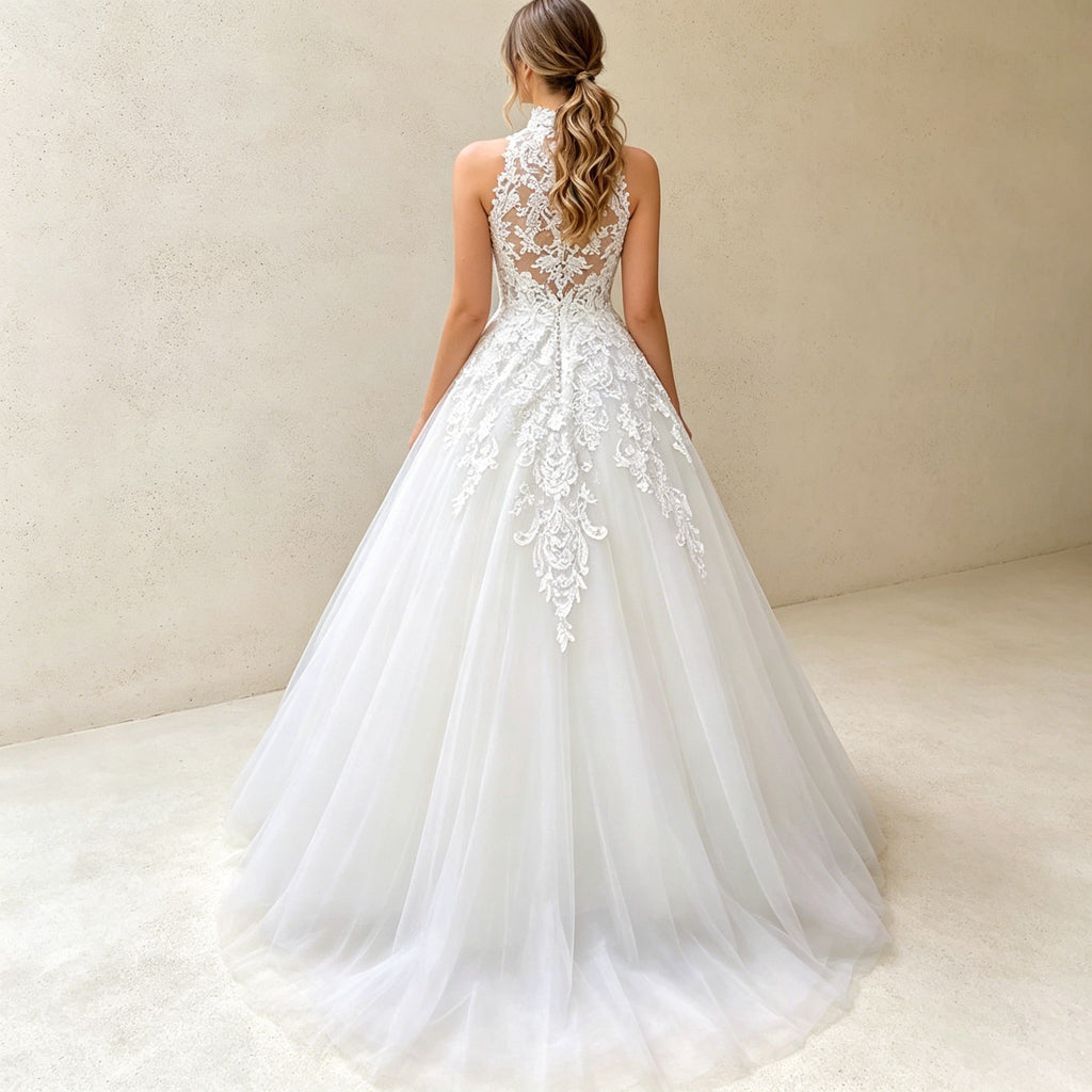 Elegantes A-Linien Abendkleid mit Neckholder-Stehkragen und Spitze