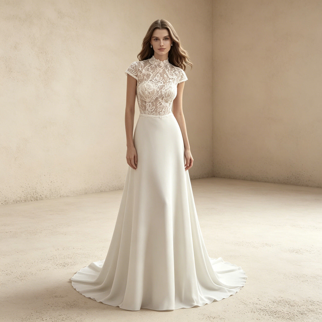 Elegantes Hochgeschlossenes Abendkleid mit Spitze | Maxikleid in Crèmeweiß
