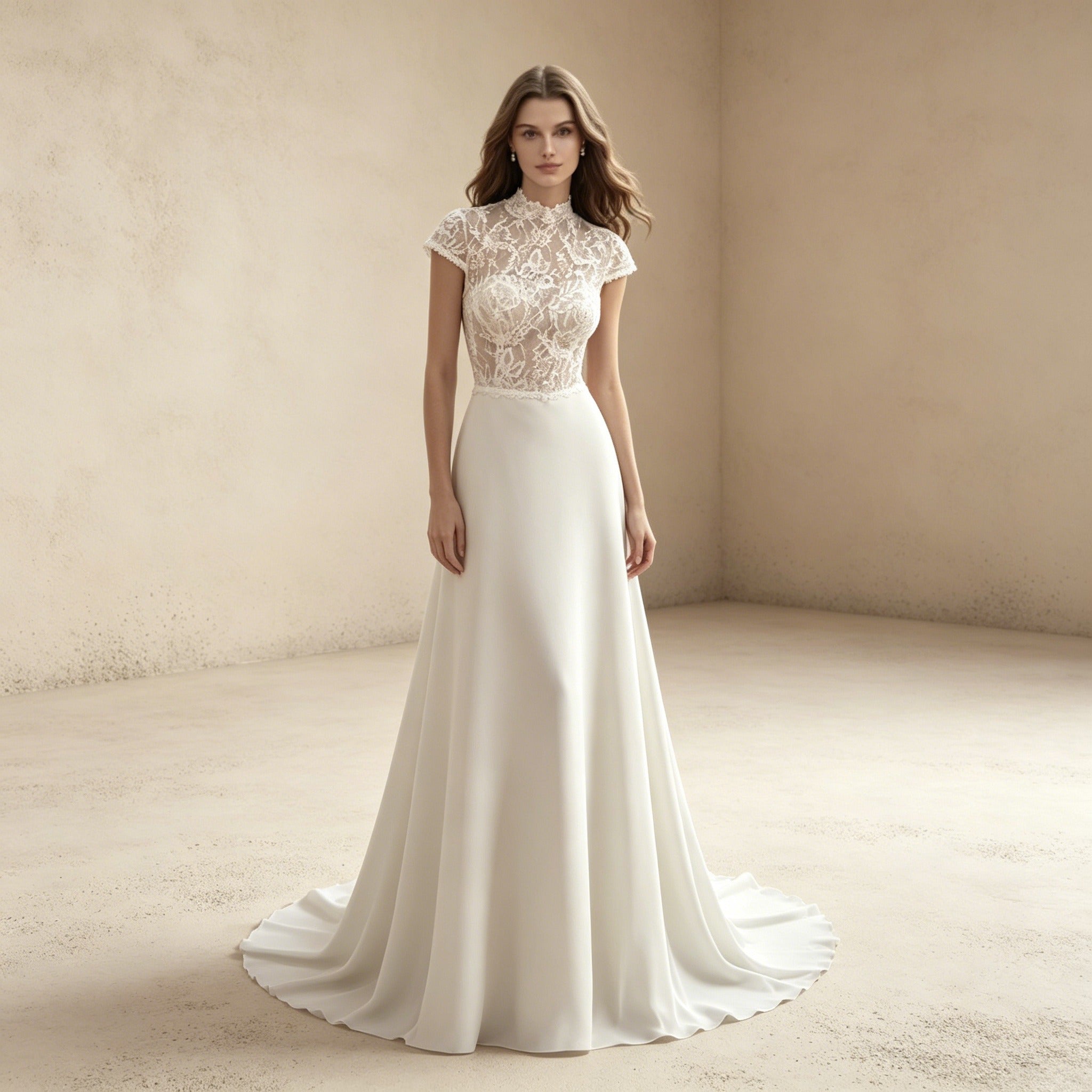 Elegantes Hochgeschlossenes Abendkleid mit Spitze | Maxikleid in Crèmeweiß