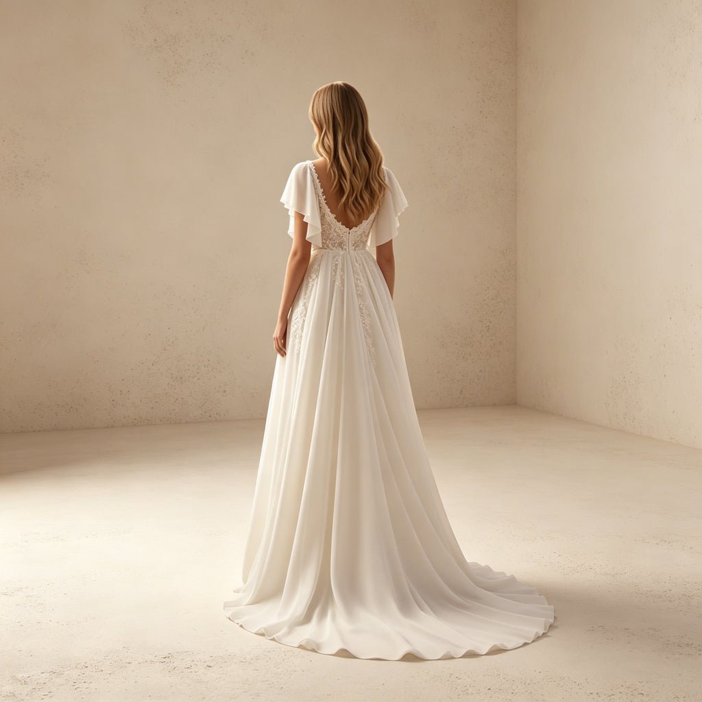 Romantisches Abendkleid im Boho-Stil mit Flatterärmeln | Flowy Maxikleid in Crèmeweiß