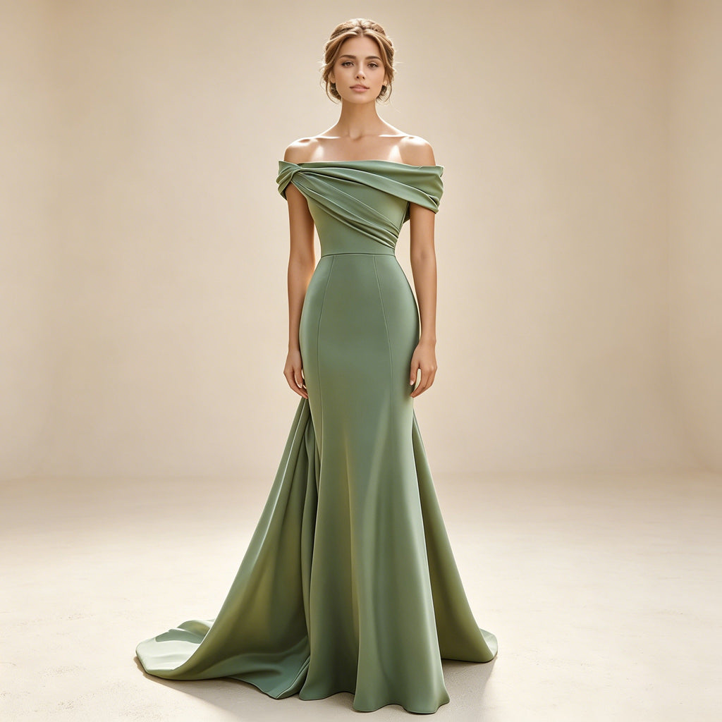 Olivgrünes Off-Shoulder Abendkleid aus Satin – Elegante Meerjungfrau-Robe