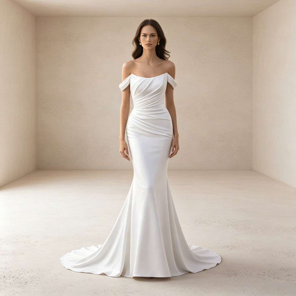 legantes Off-Shoulder Abendkleid in Crèmeweiß | Figurbetontes Maxikleid mit Raffung