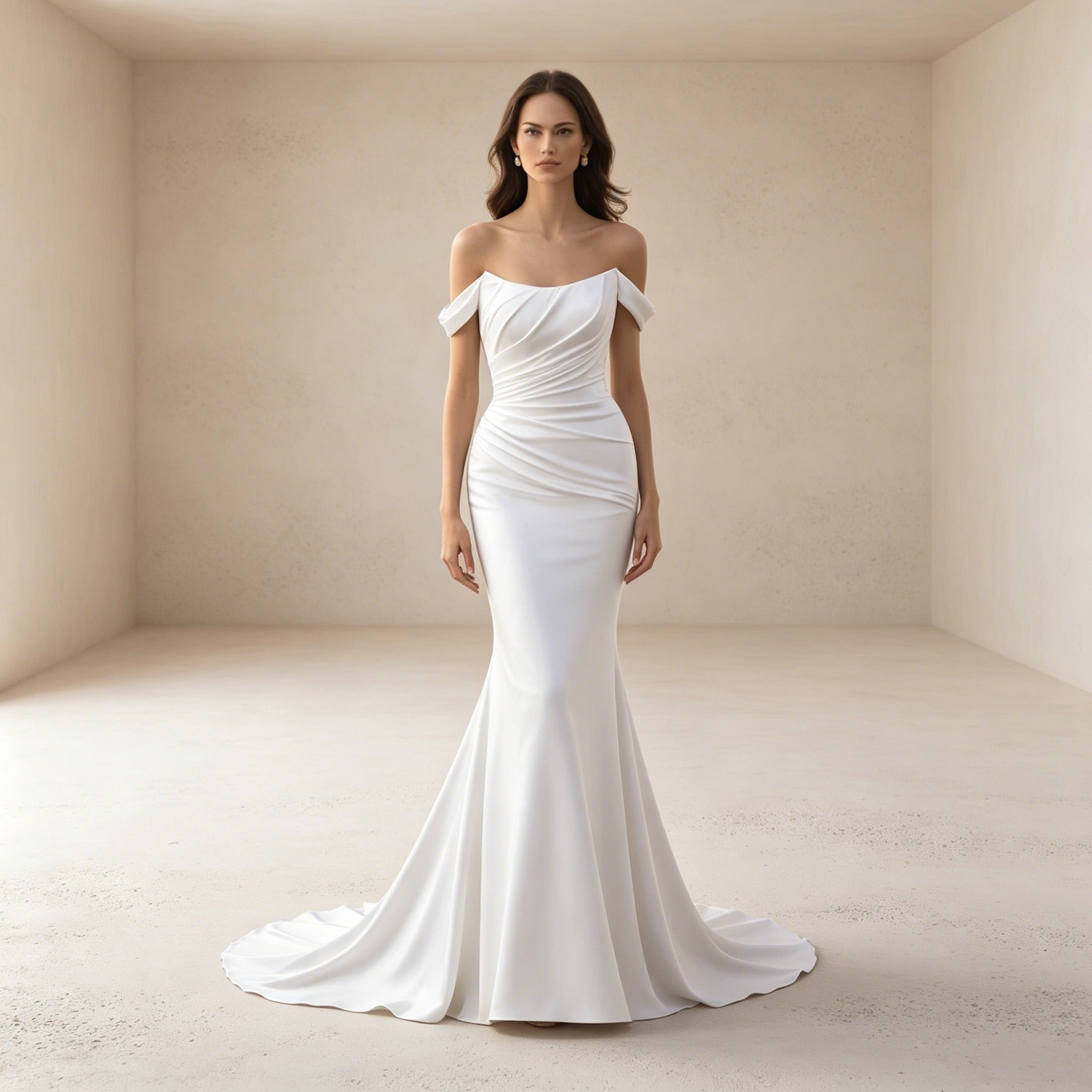 legantes Off-Shoulder Abendkleid in Crèmeweiß | Figurbetontes Maxikleid mit Raffung