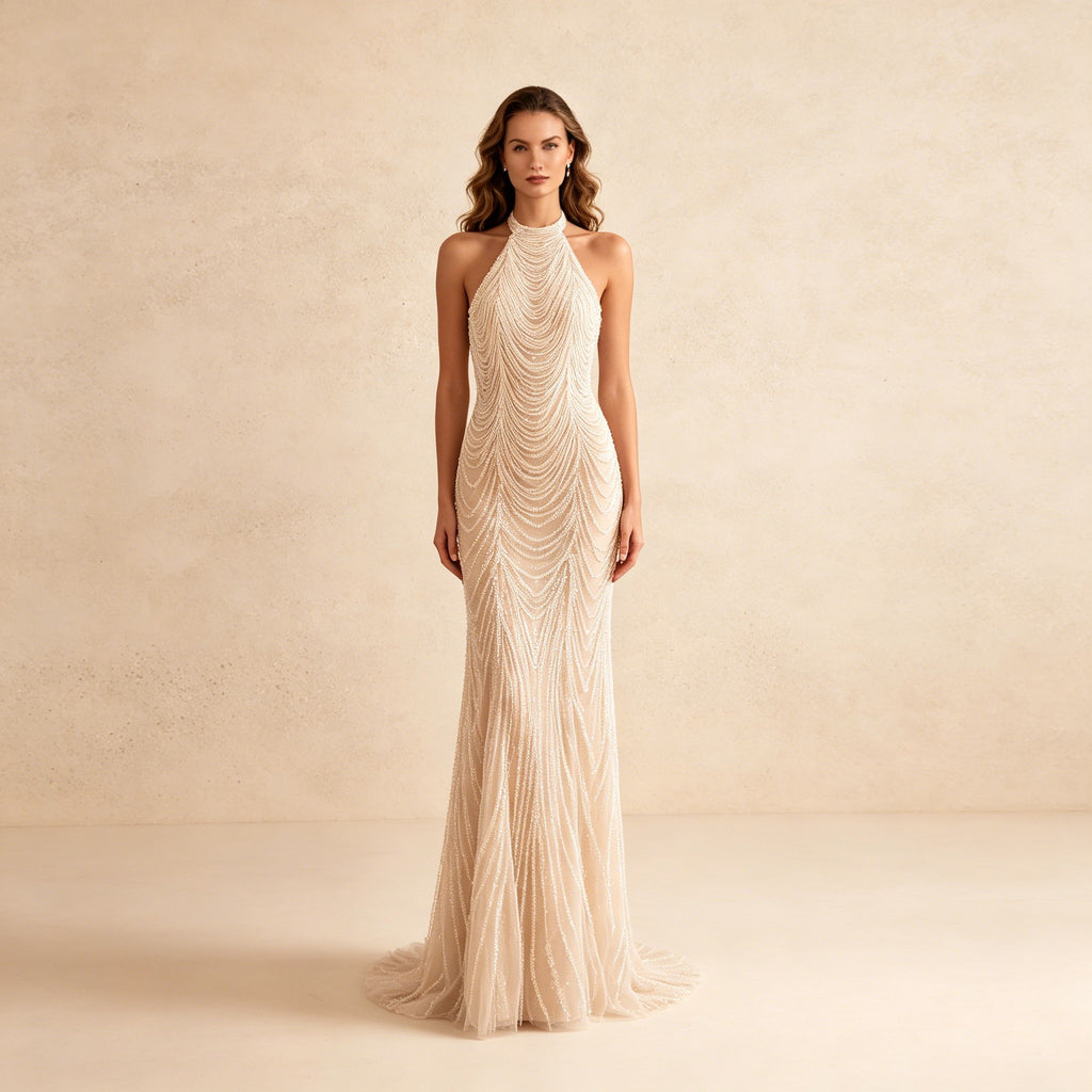 Edles langes Partykleid im Vintage-Stil – Fließendes weißes Kleid für Besondere Anlässe
