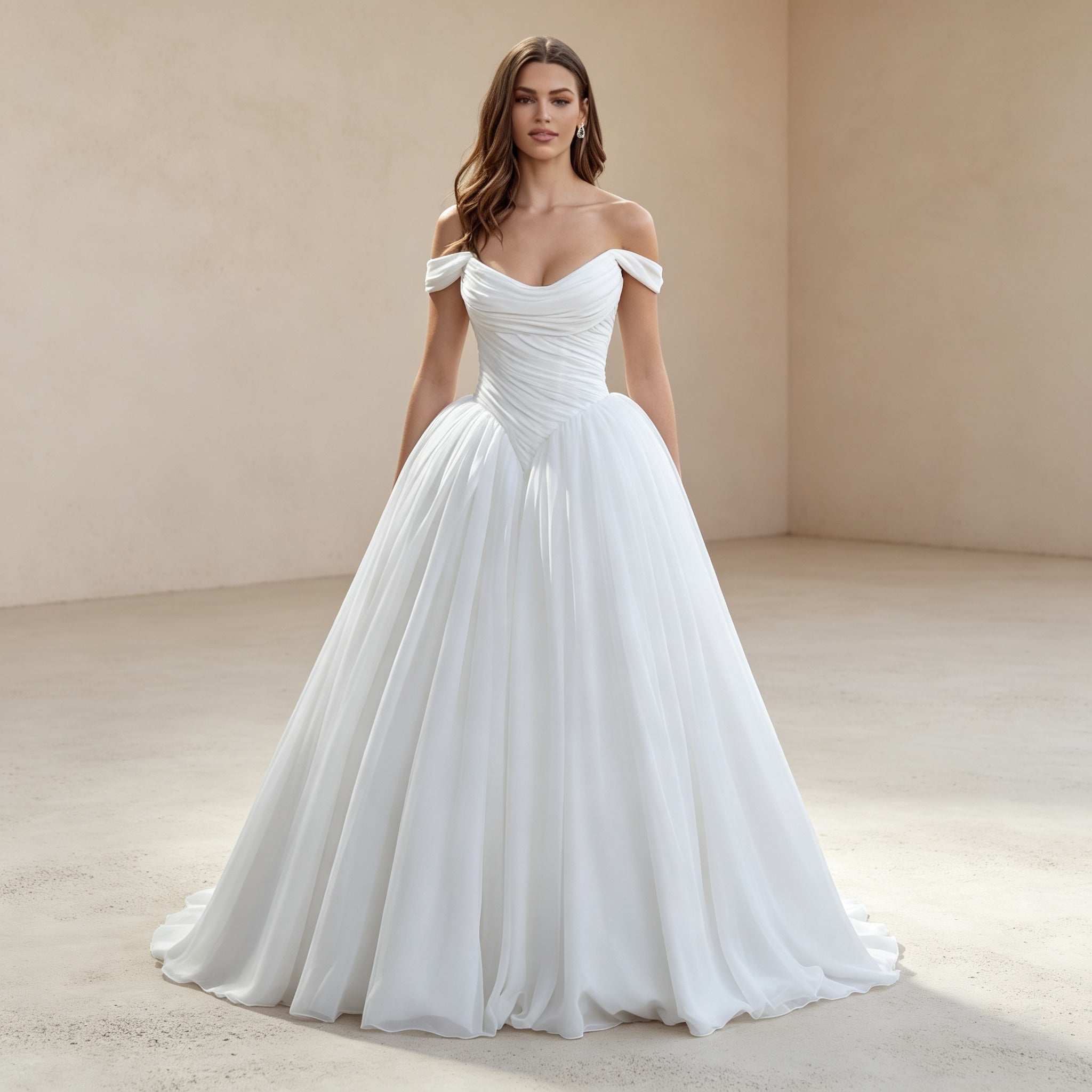 Off-Shoulder Abendkleid mit feiner Raffung – Bodenlanges Ballkleid aus Tüll