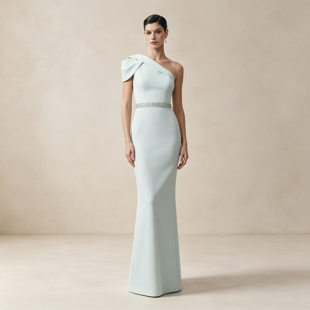 Asymmetrisches One-Shoulder Abendkleid in Mintgrün mit Kristall-Gürtel