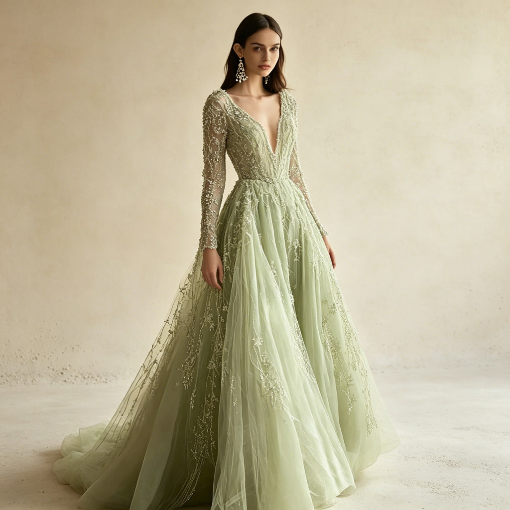 Salbeigrünes Abendkleid mit Pailletten-Stickerei – A-Linie-Robe mit V-Ausschnitt und Langarm