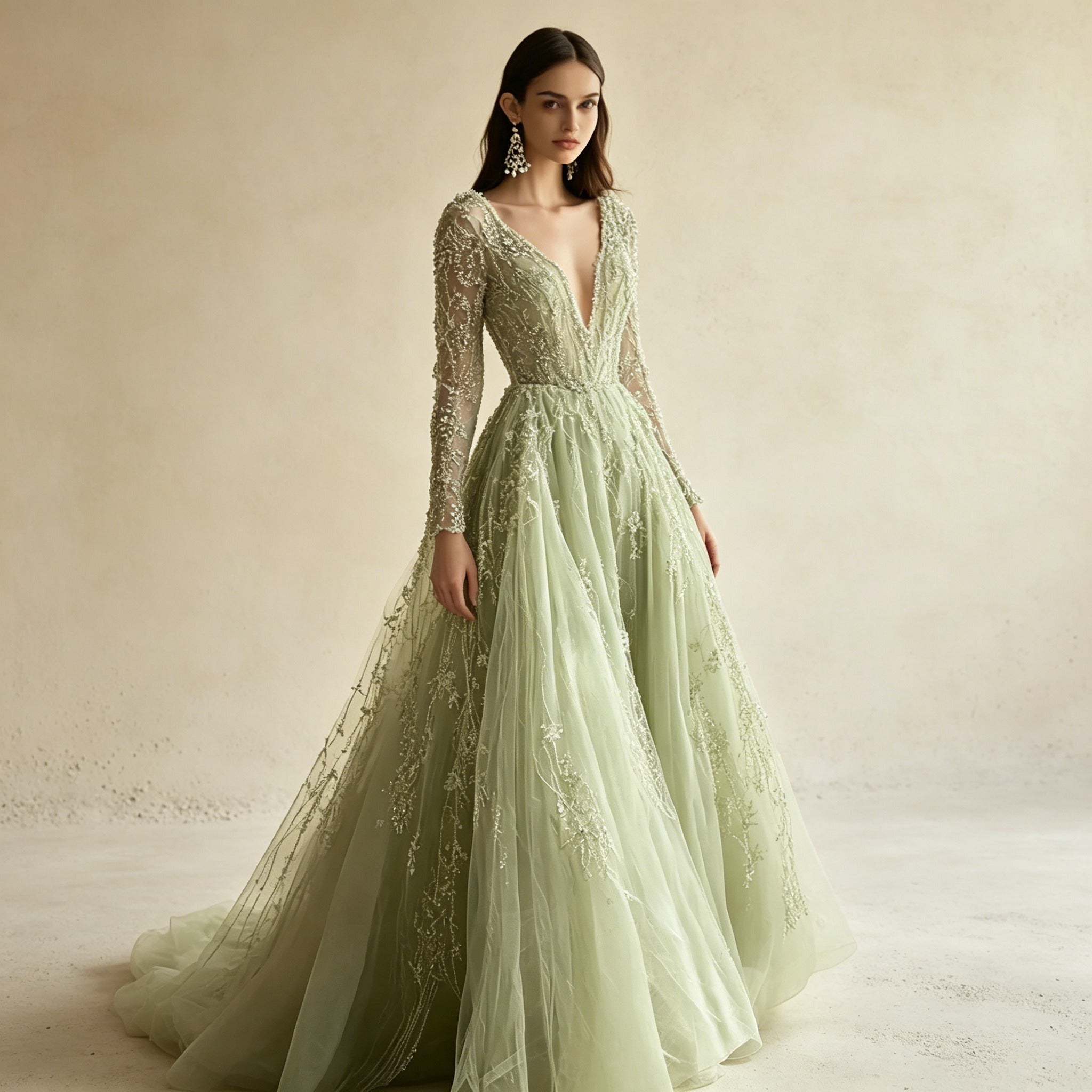 Salbeigrünes Abendkleid mit Pailletten-Stickerei – A-Linie-Robe mit V-Ausschnitt und Langarm