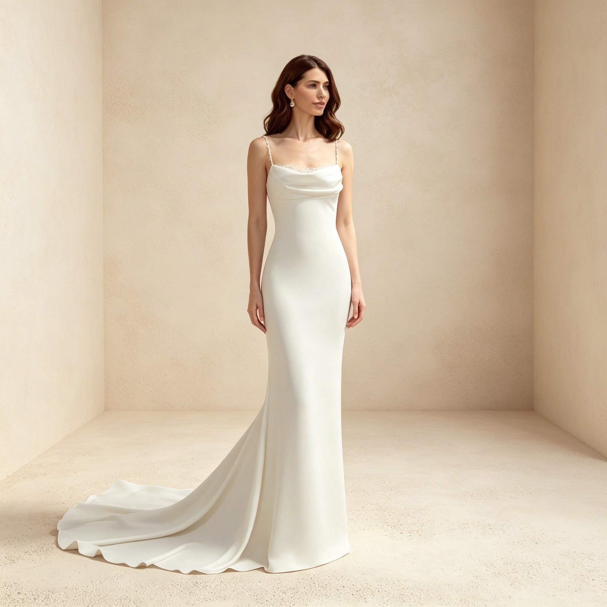 Abendkleid mit Wasserfall-Ausschnitt – Elegantes Spaghettiträger-Kleid mit Schleppe