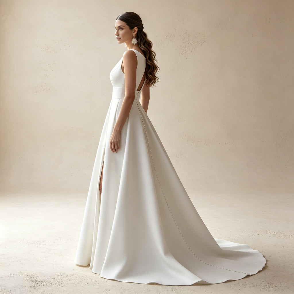 Elegantes Satin-Abendkleid mit V-Ausschnitt | Weißes Maxikleid mit Beinschlitz