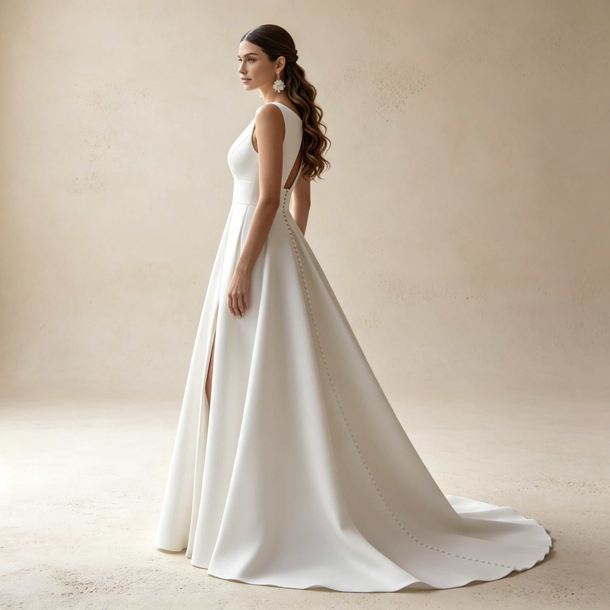 Elegantes Satin-Abendkleid mit V-Ausschnitt | Weißes Maxikleid mit Beinschlitz