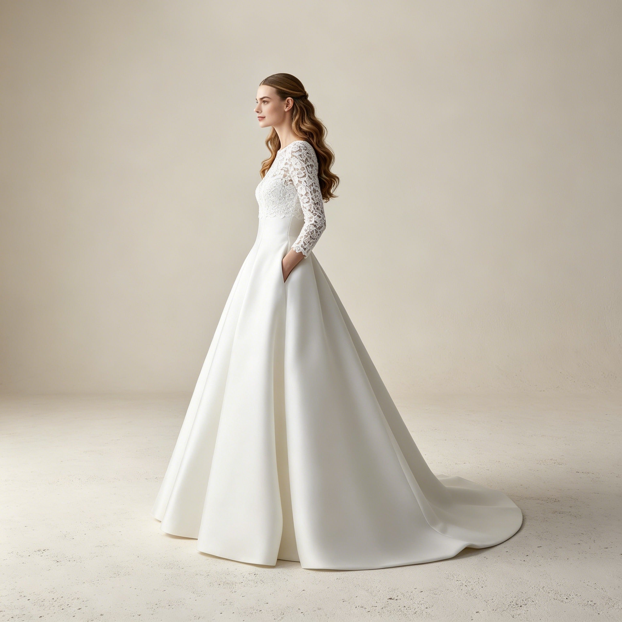 Elegantes Maxikleid mit Spitzen-Oberteil in Weiß – Langärmliges Abendkleid aus Satin