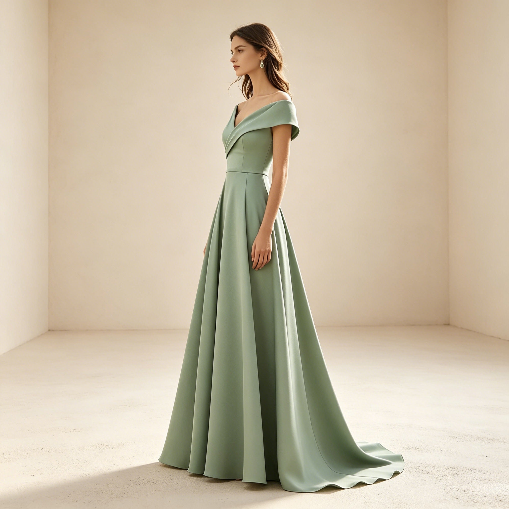 Salbeigrünes Off-Shoulder Abendkleid aus Satin – Elegante A-Linie-Robe mit Schleppe