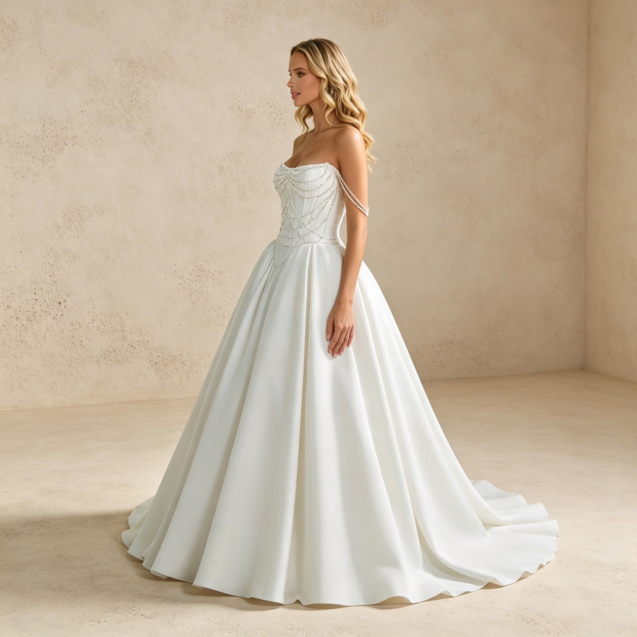 Trägerloses Satin-Abendkleid mit Perlenkaskaden – Bodenlanges Korsagen-Ballkleid