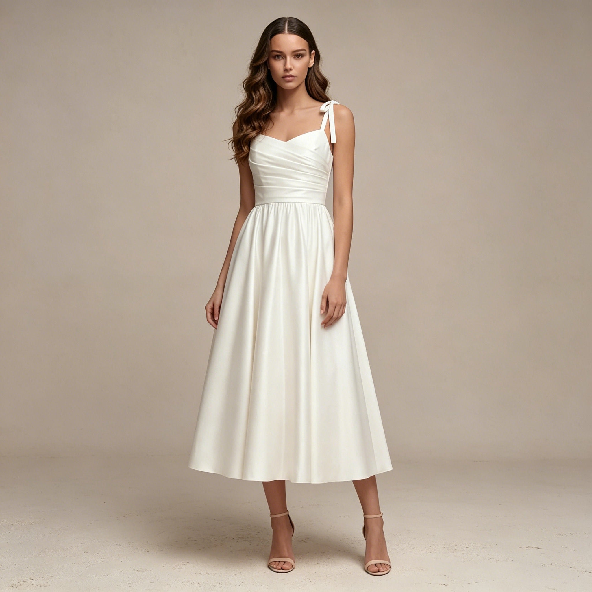 Elegantes Midikleid mit Schleifenträgern – Satin-Abendkleid in A-Linie für Damen