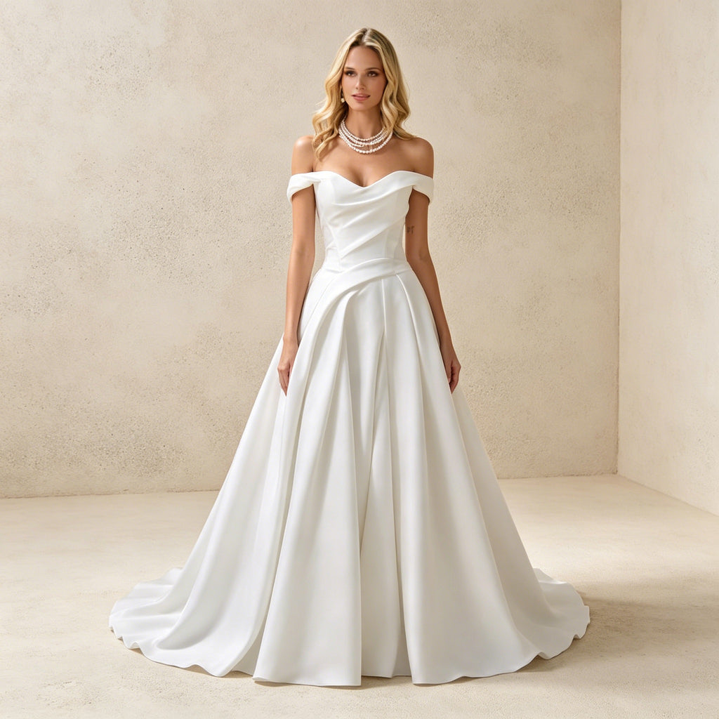Off-Shoulder Satin-Abendkleid mit Drapierung – Bodenlanges Festkleid für Gala