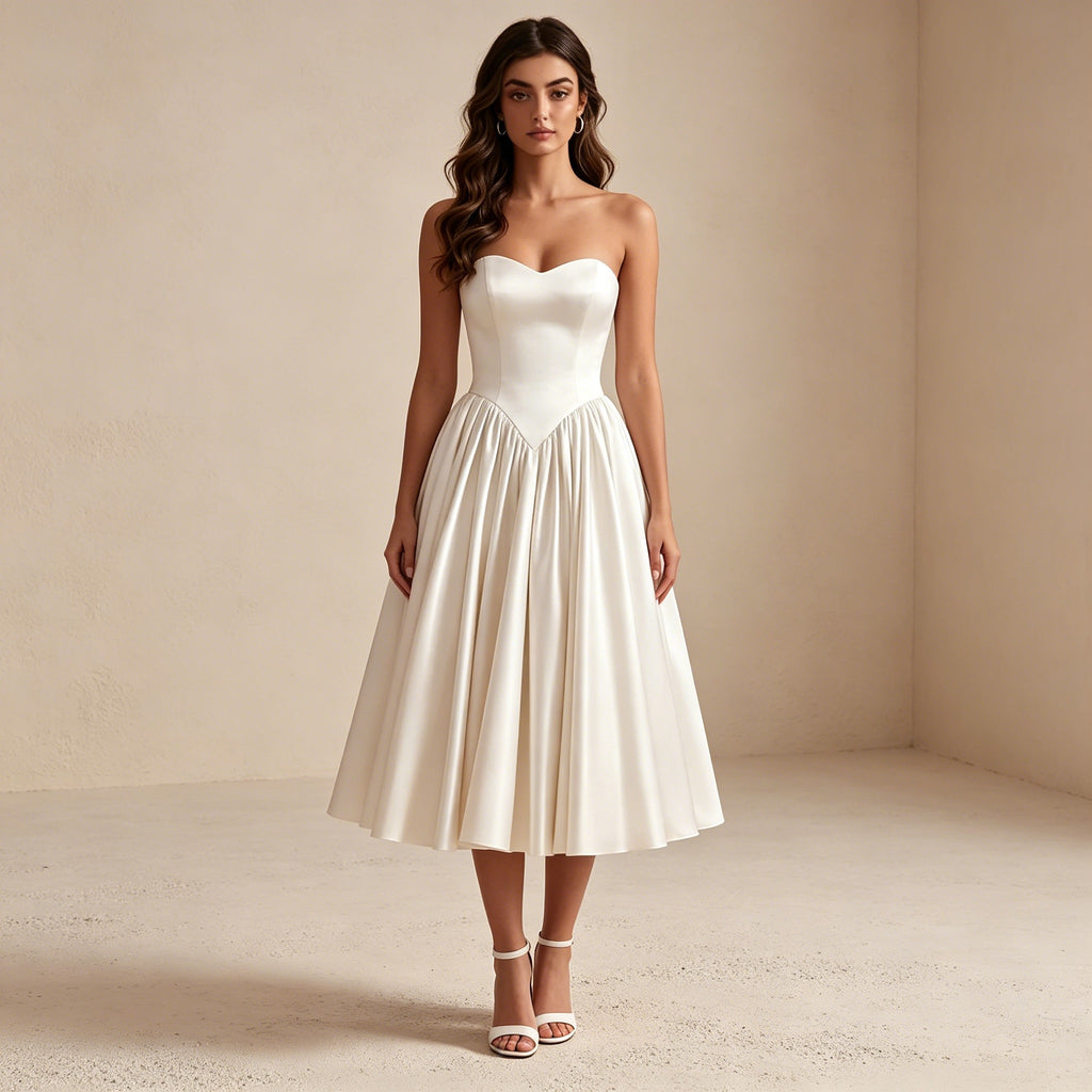 Trägerloses Satin Abendkleid in Midi-Länge – Elegantes Cocktailkleid mit Herz-Ausschnitt