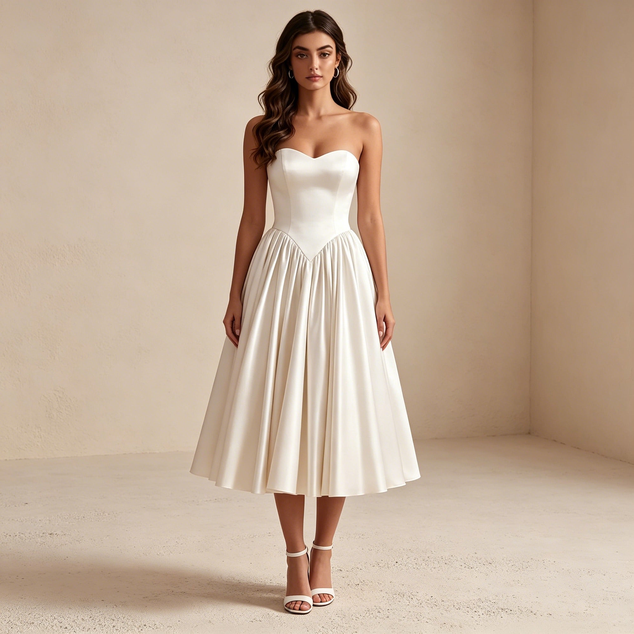 Trägerloses Satin Abendkleid in Midi-Länge – Elegantes Cocktailkleid mit Herz-Ausschnitt