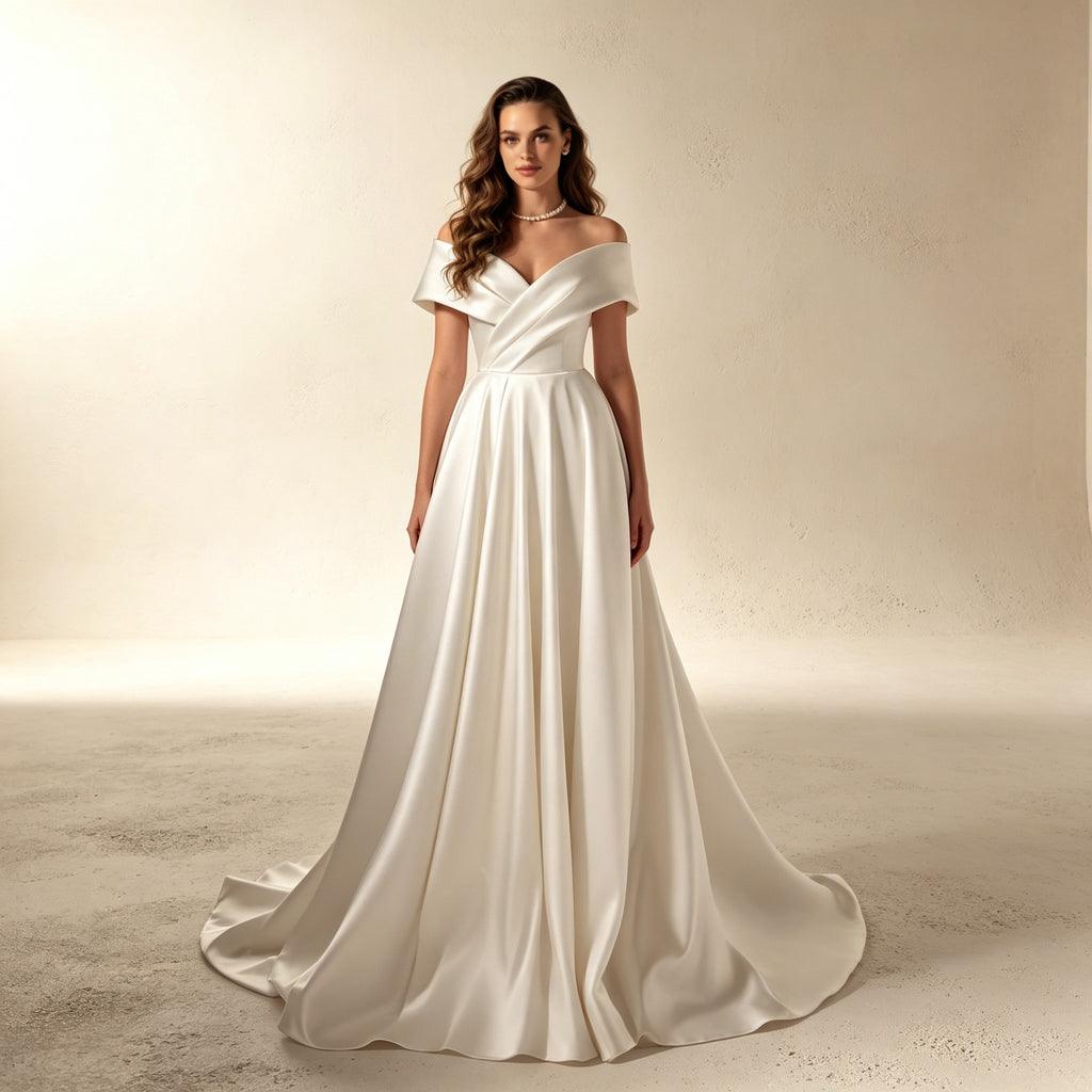 Off-Shoulder Satin Abendkleid – Elegantes Maxikleid mit Gekreuzter Raffung