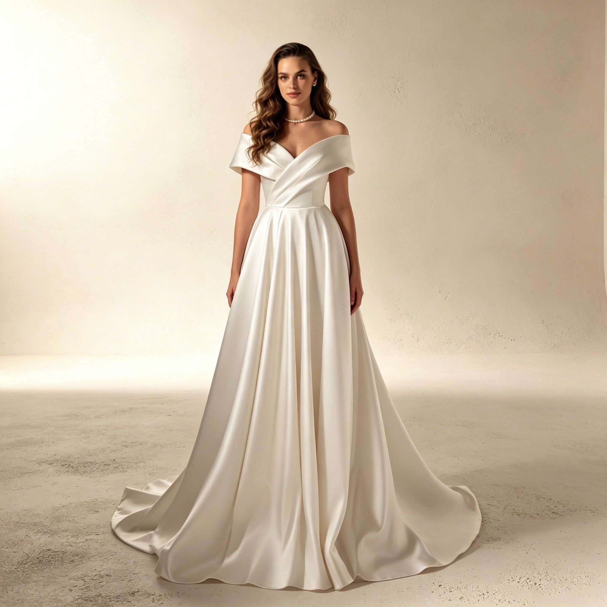 Off-Shoulder Satin Abendkleid – Elegantes Maxikleid mit Gekreuzter Raffung