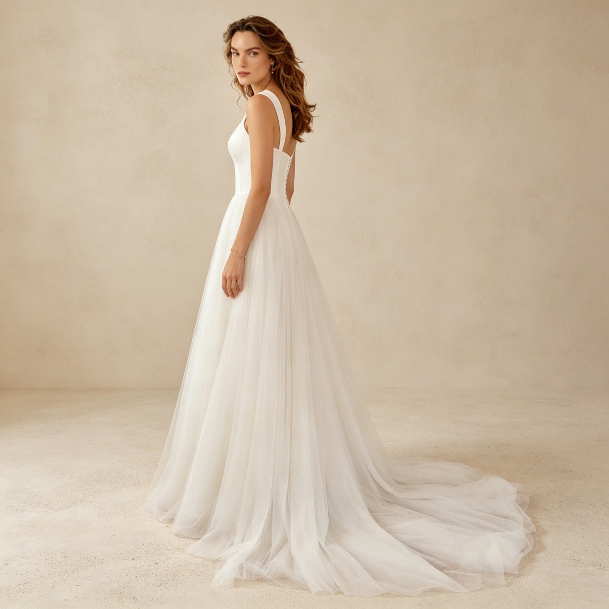 Elegantes Korsett-Abendkleid mit Tüll | Maxikleid mit Eckigem Ausschnitt Weiß