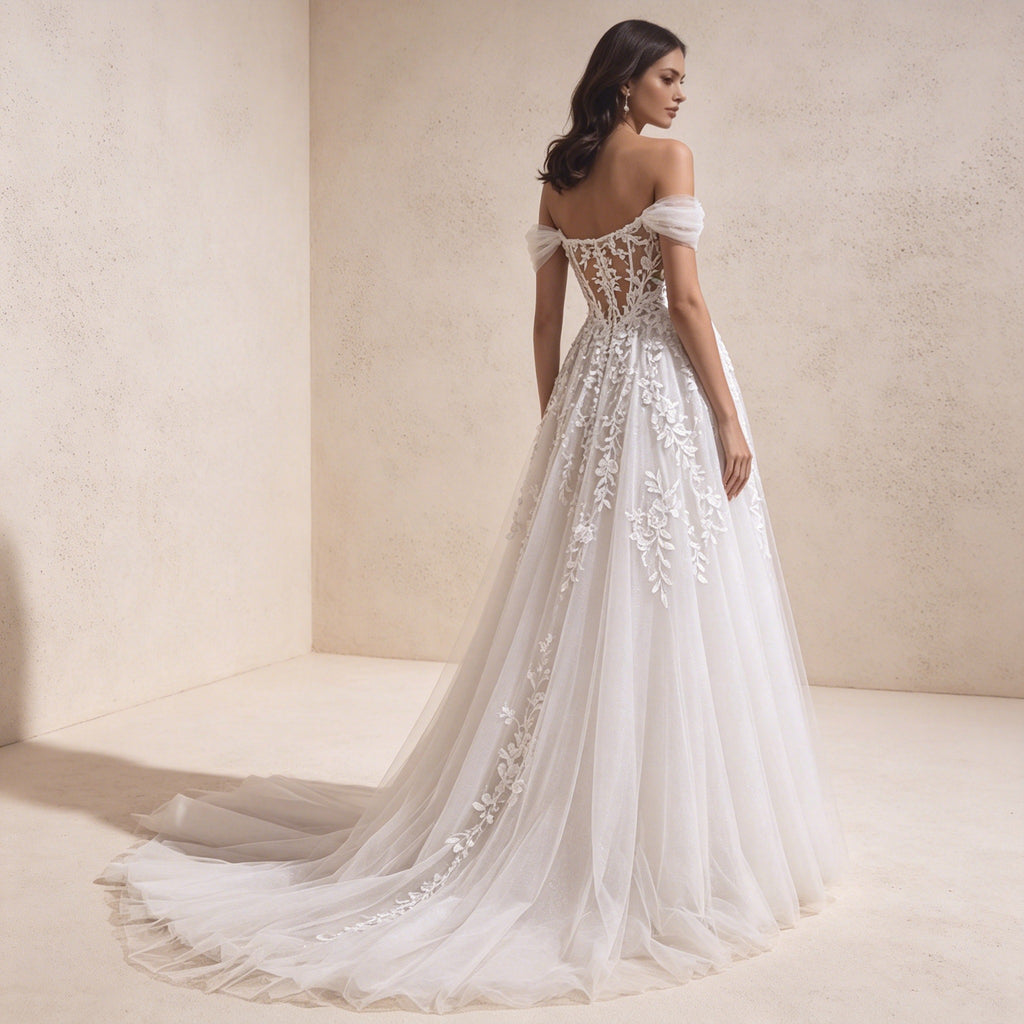 Romantisches Off-Shoulder Abendkleid mit Spitze | Bodenlanges Tüll-Maxikleid