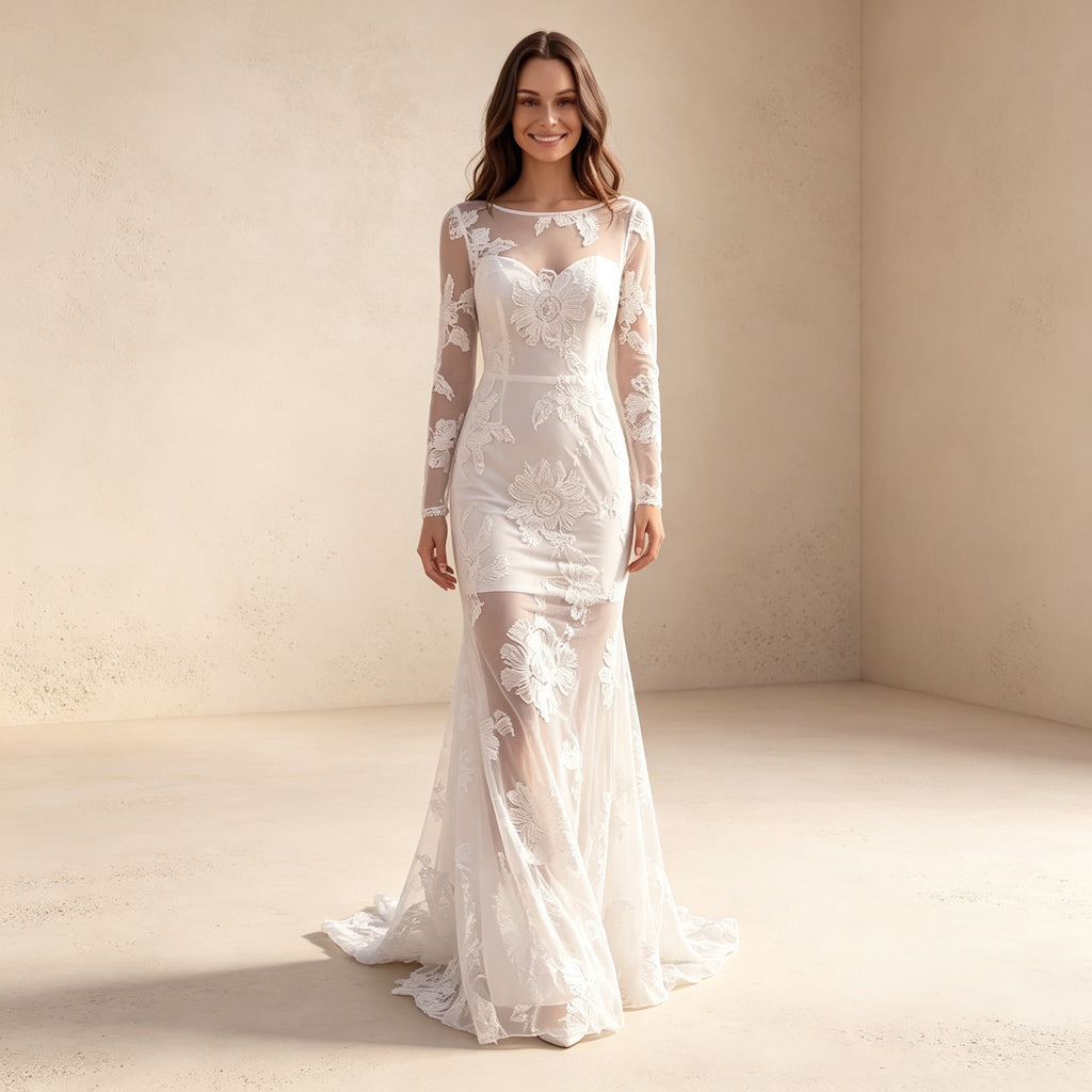 Elegantene Abendkleid mit floraler Stickerei – Langarm Meerjungfrau Maxikleid für Damen