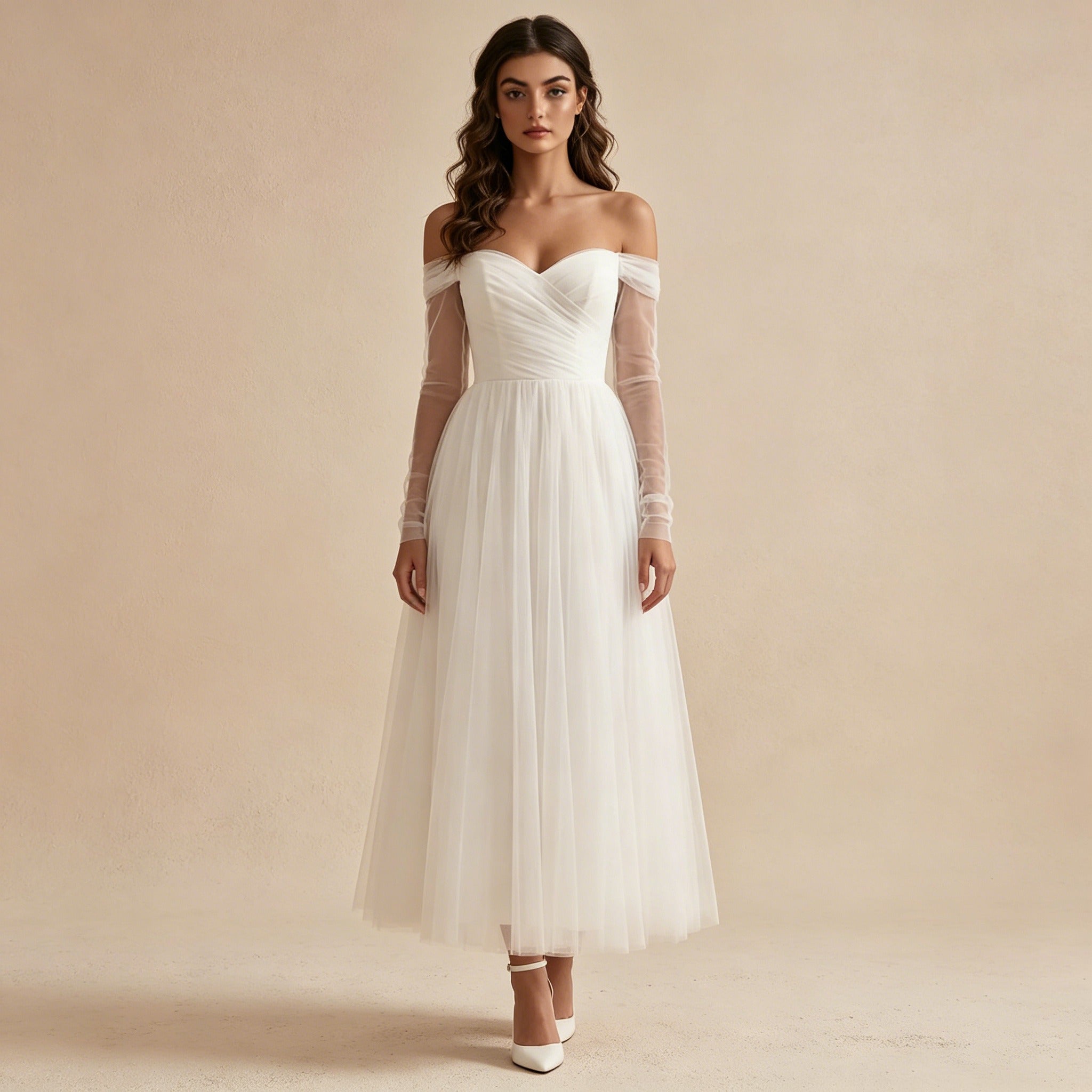 Off-Shoulder Abendkleid mit Tüll-Ärmeln – Elegantes Midikleid in Weiß für Damen