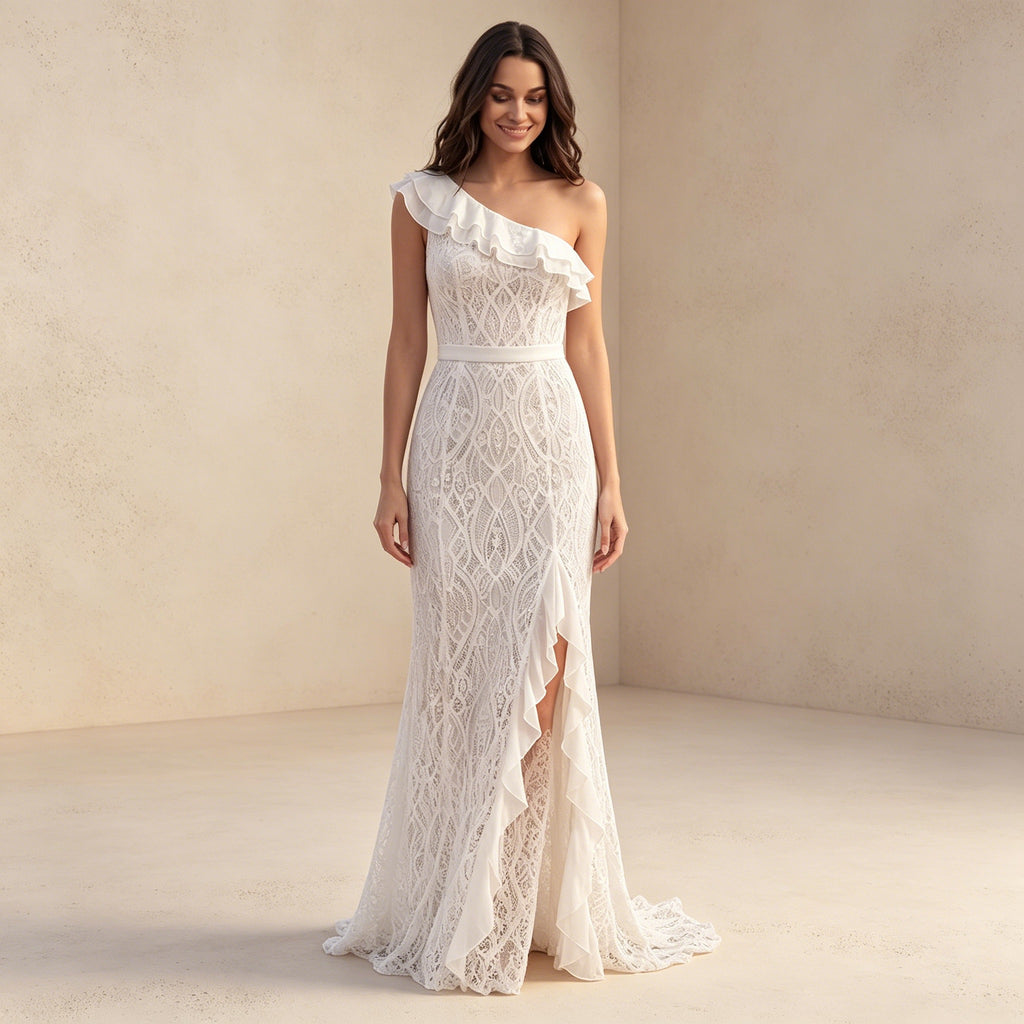Elegantes One-Shoulder Abendkleid mit Volants – Figurbetontes Spitzenkleid in Weiß