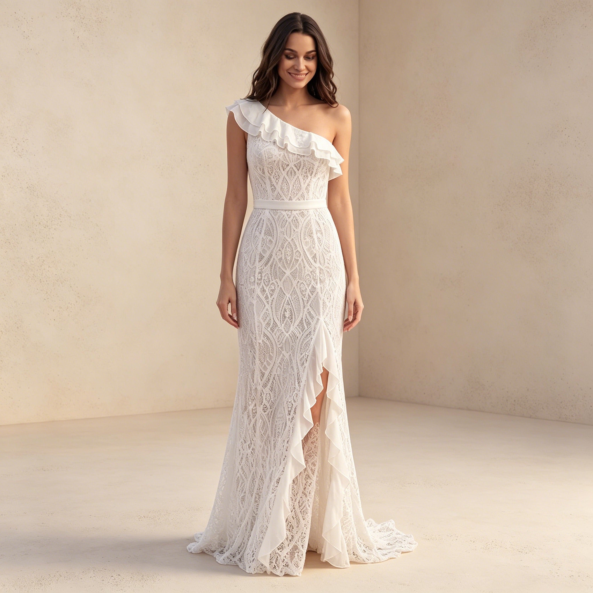 Elegantes One-Shoulder Abendkleid mit Volants – Figurbetontes Spitzenkleid in Weiß