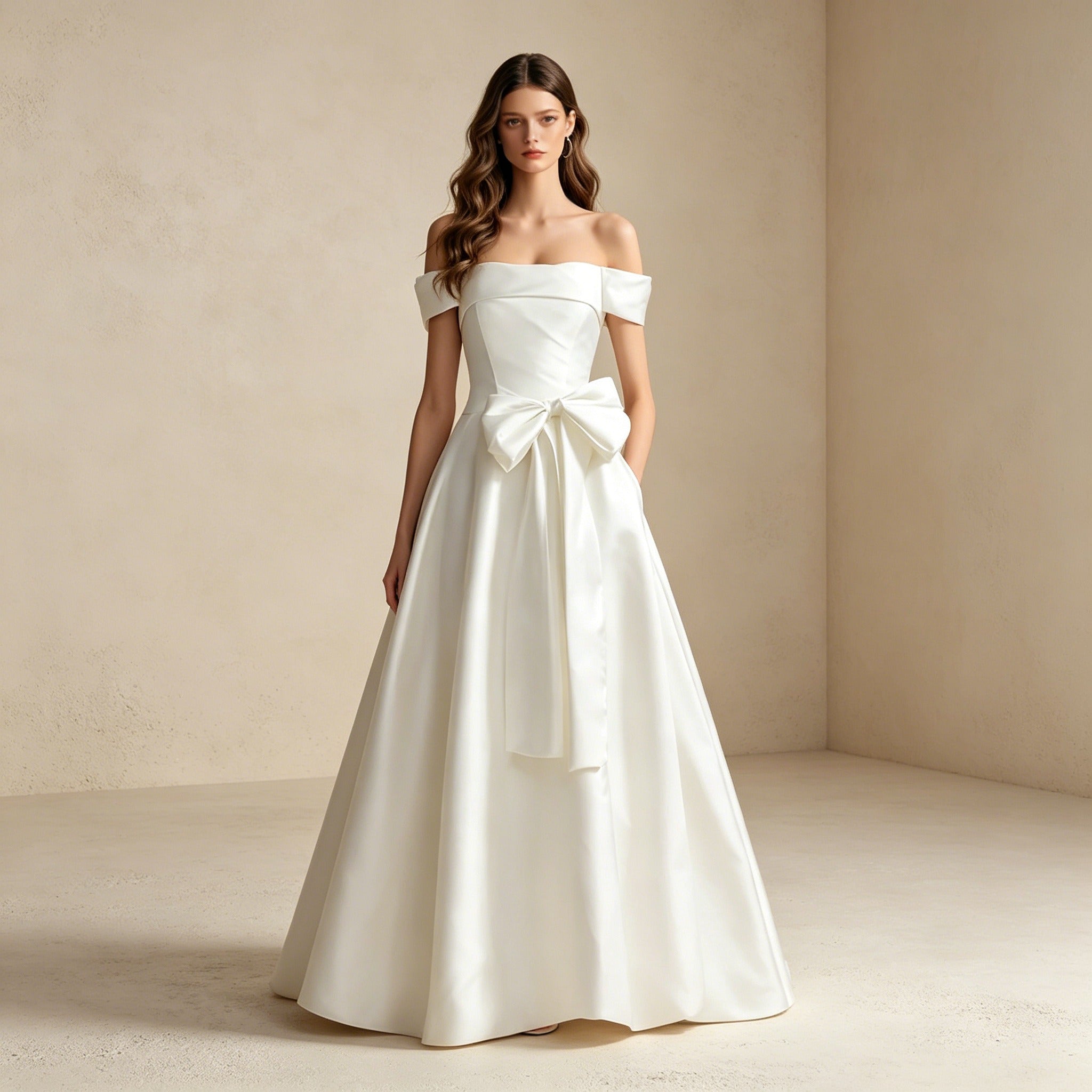 Off-Shoulder Abendkleid mit großer Schleife – Elegantes Satin-Maxikleid in Weiß