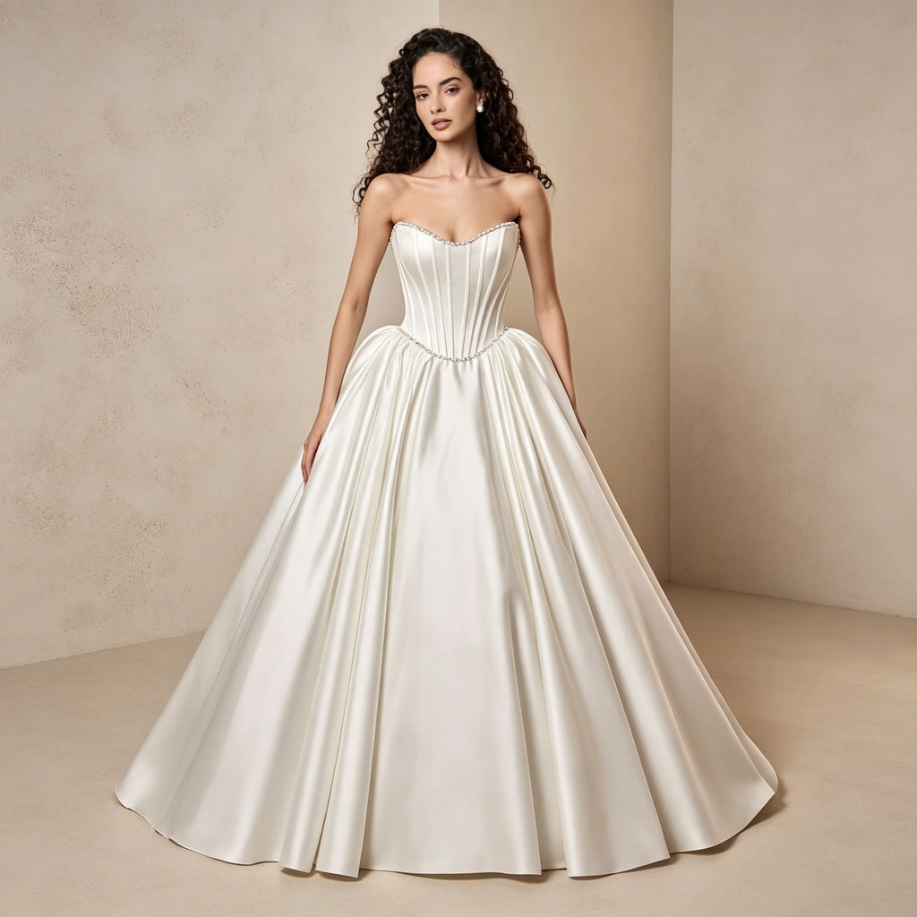 Trägerloses Satin-Abendkleid mit Korsage – Bodenlanges Ballkleid mit Kristallbesatz