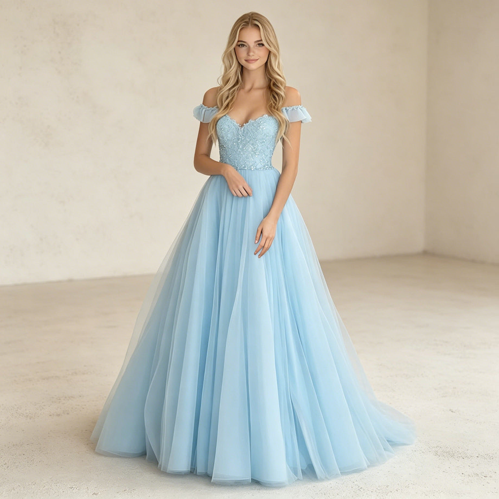 Eisblaues Off-Shoulder Abendkleid mit Glitzer – Traumhafte Tüll-Robe in A-Linie