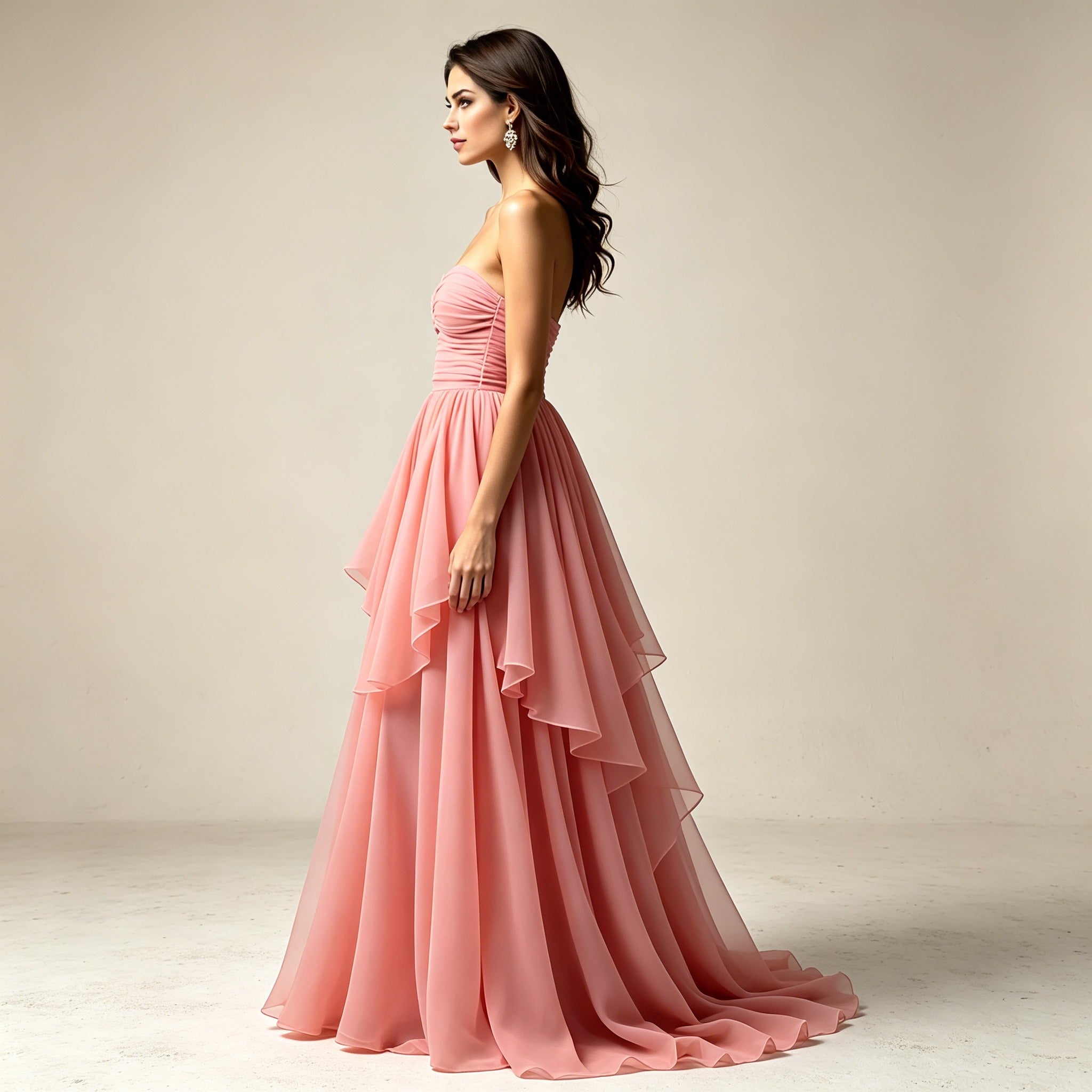 Altrosafarbene Trägerlose Abendrobe mit Volants – Elegantes Chiffonkleid