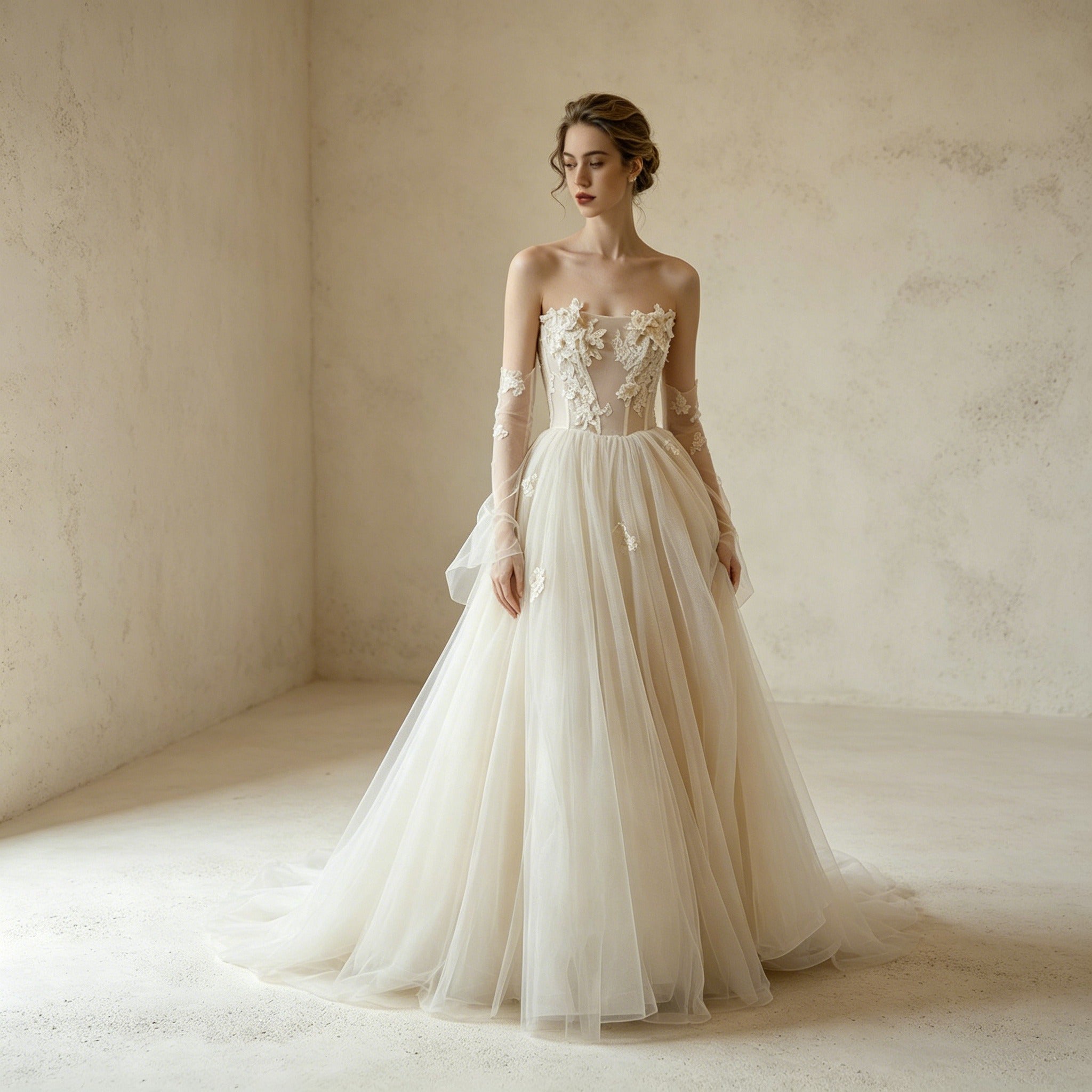 Elegantes Off-Shoulder Abendkleid Weiß | Tüllkleid mit floraler Spitze