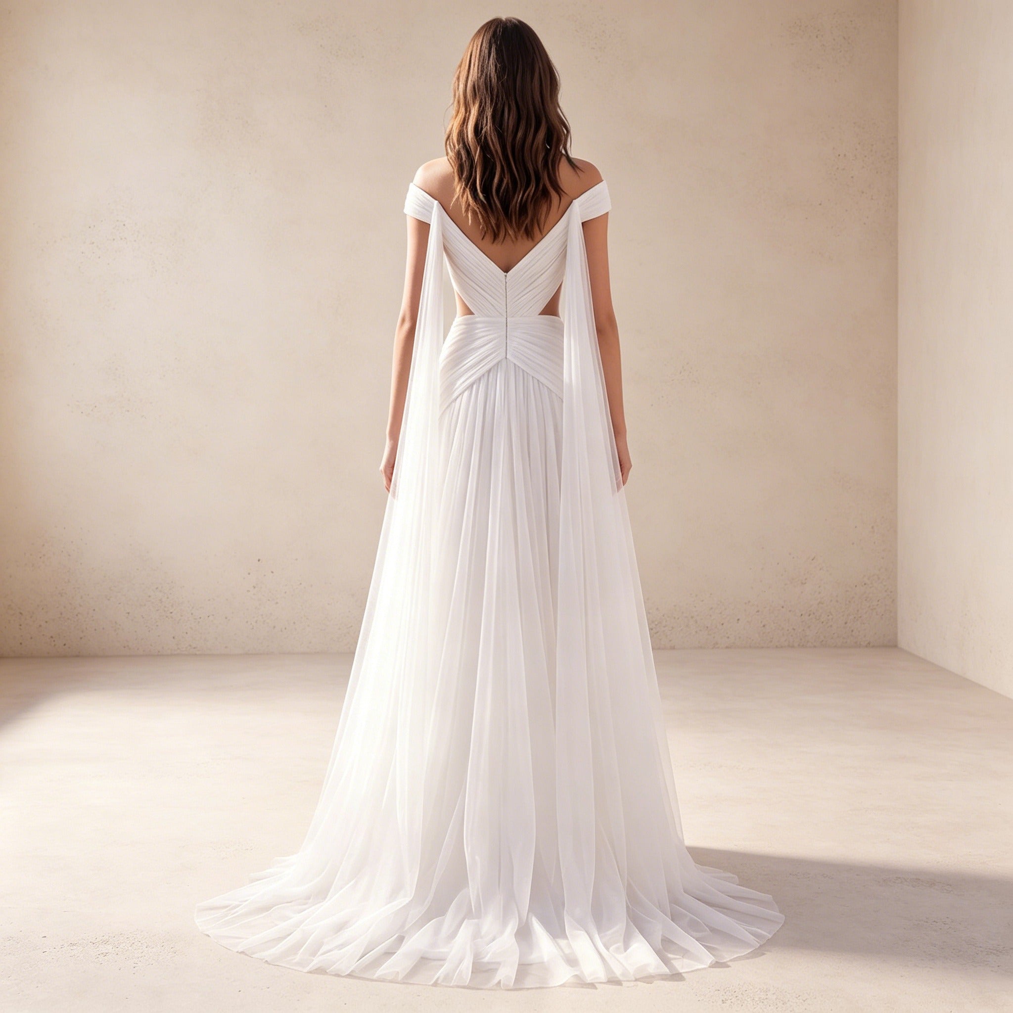 Off-Shoulder Abendkleid mit Cut-Outs – Elegantes Chiffon Maxikleid in Weiß