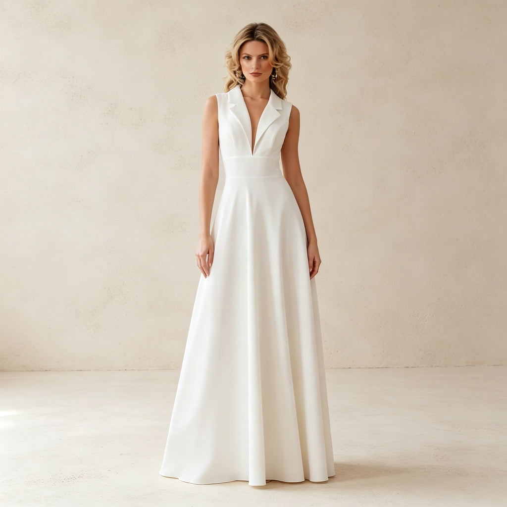 Ärmelloses Satin Festkleid mit V-Ausschnitt – Stilvolles Damen Eventkleid in Weiß