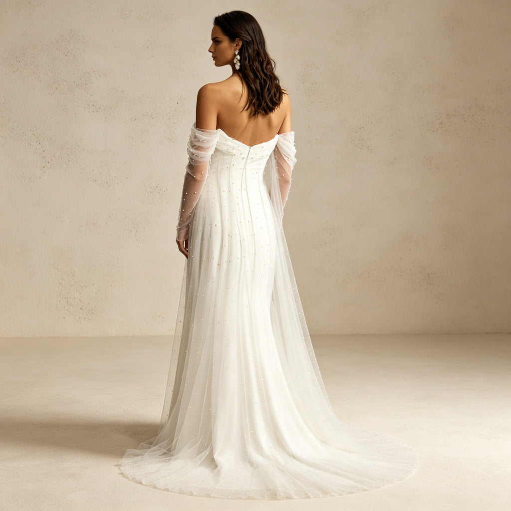Schulterfreies Satin Abendkleid – Elegantes Maxikleid mit Perlen-Mesh-Ärmeln