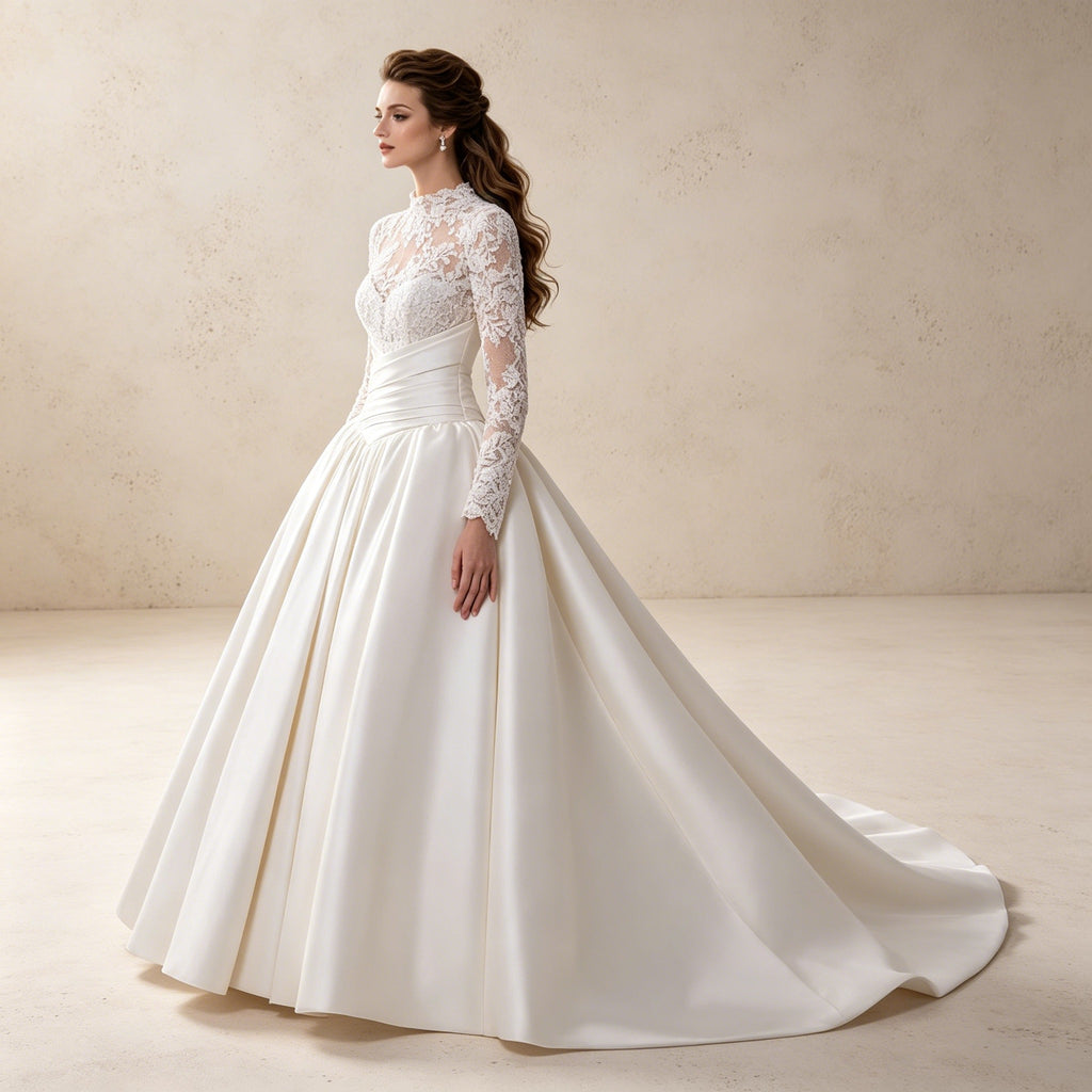 Festliches Ballkleid mit Spitzen-Langarm und Satinkl Kleid – Elegantes Abendkleid mit Schleppe