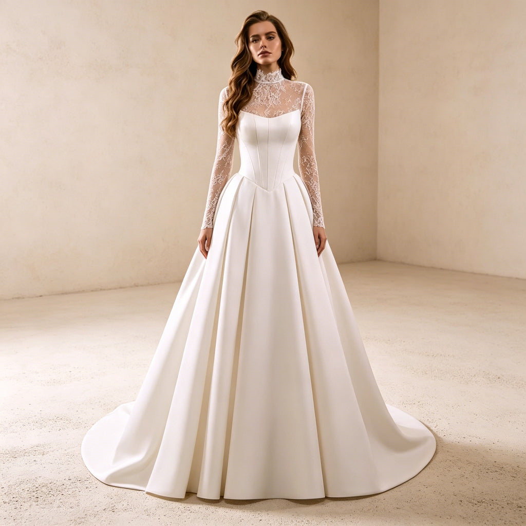 Elegant Abendkleid mit Stehkragen und Spitze | Langarm Satin-Korsett-Kleid Weiß