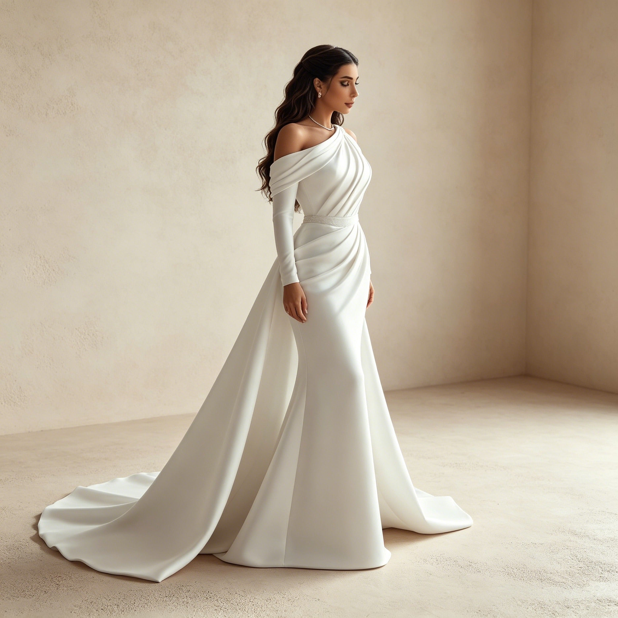 Asymmetrisches Abendkleid mit eleganter Drapierung – Figurbetontes Maxikleid in Weiß