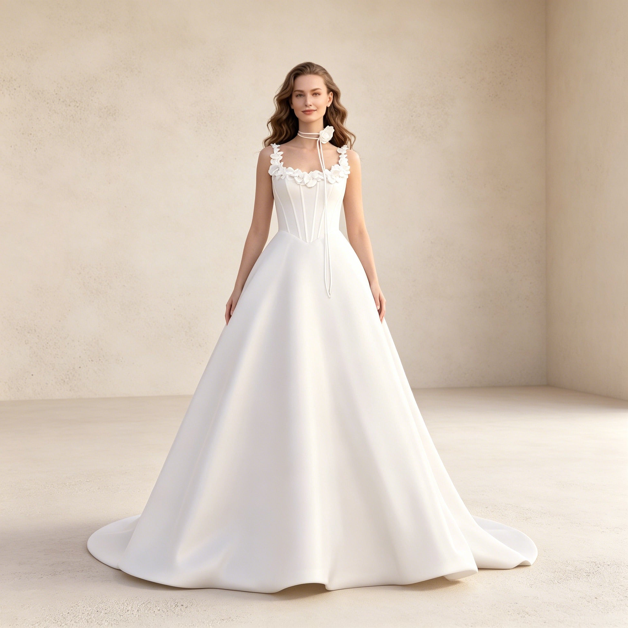 legantes Satin Ballkleid Weiß – Stilvolles Festkleid mit Corsagen-Oberteil und Blumen