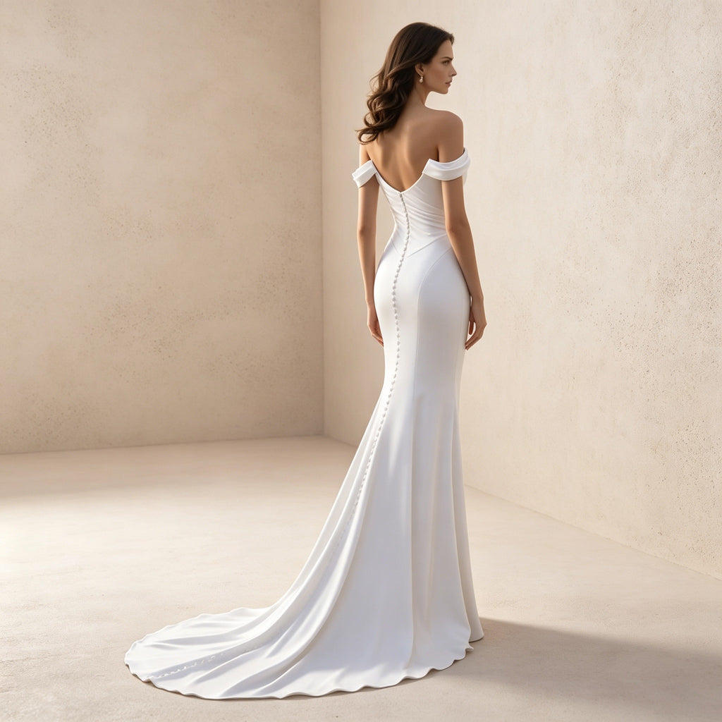 legantes Off-Shoulder Abendkleid in Crèmeweiß | Figurbetontes Maxikleid mit Raffung