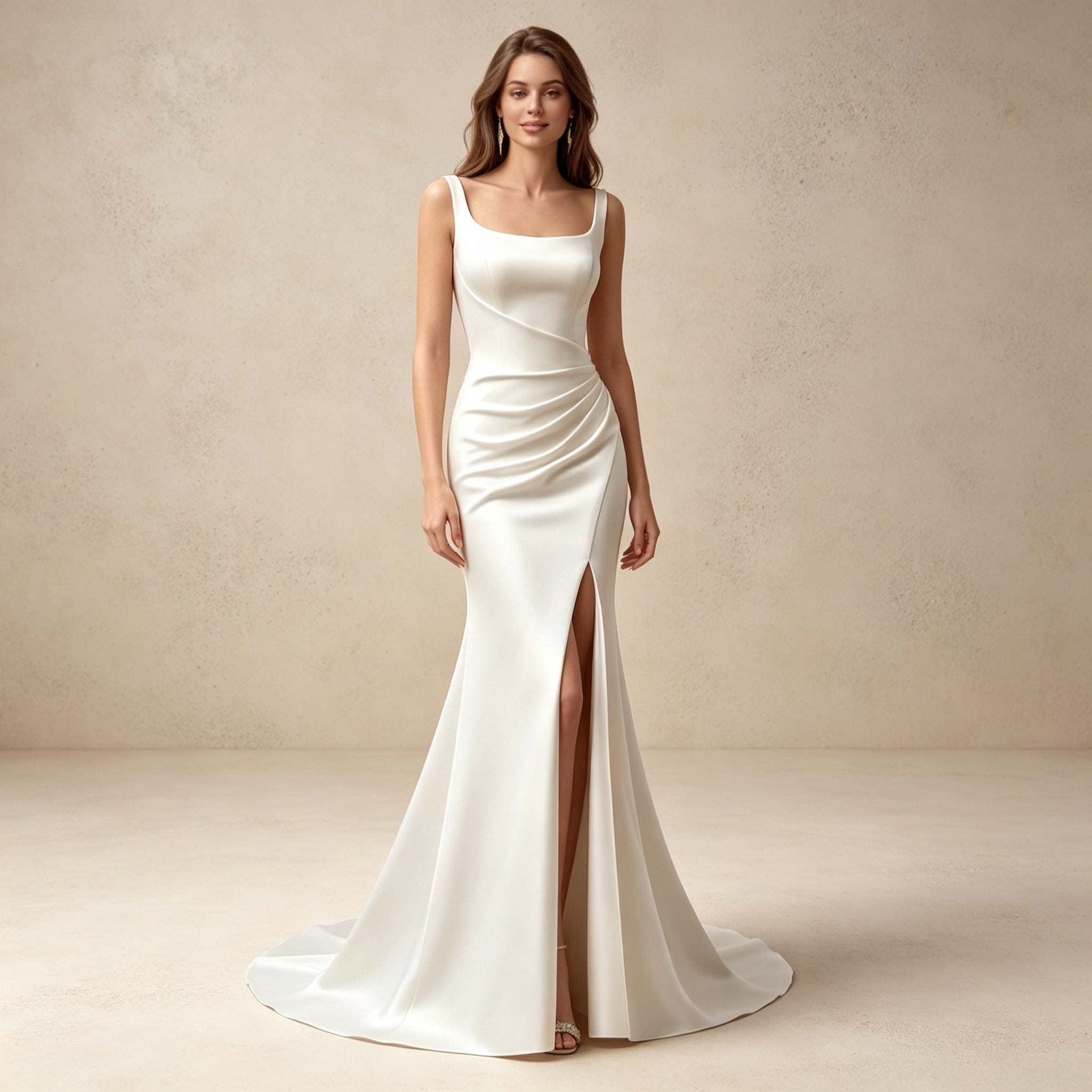 Elegantes Satin-Abendkleid mit eckigem Ausschnitt | Figurbetontes Maxikleid mit Beinschlitz