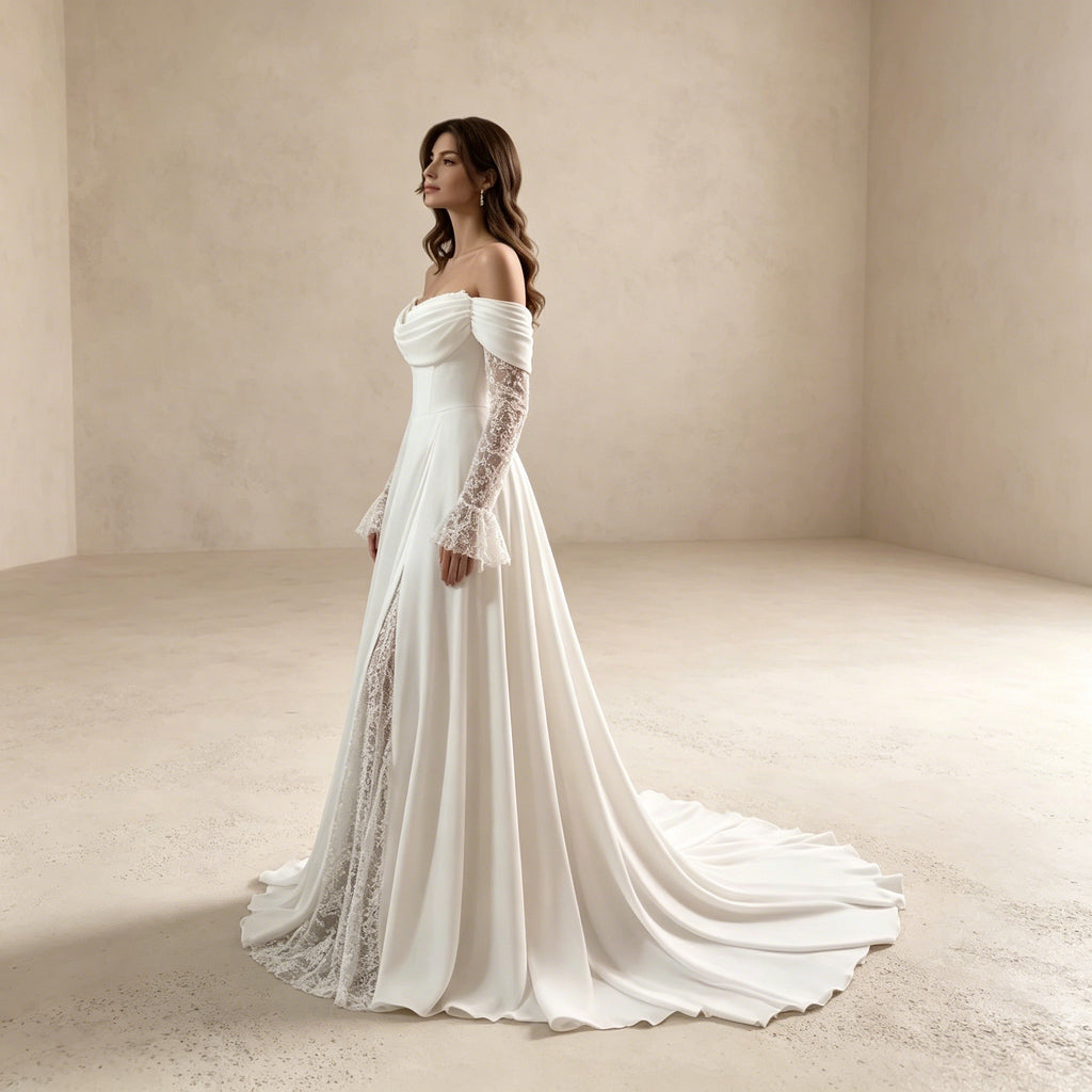 Off-Shoulder Abendkleid aus Satin mit Spitzenärmeln und Beinschlitz