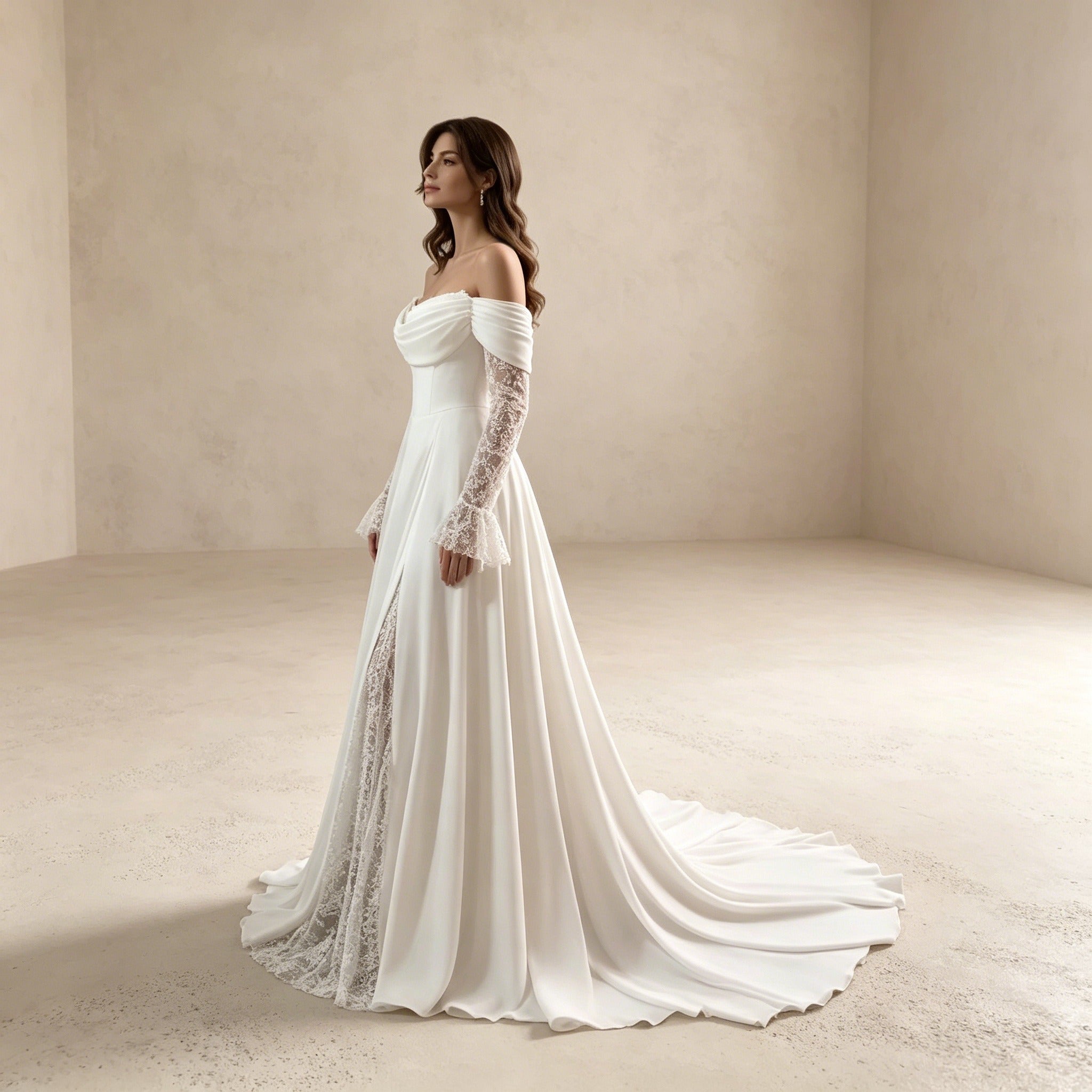 Off-Shoulder Abendkleid aus Satin mit Spitzenärmeln und Beinschlitz