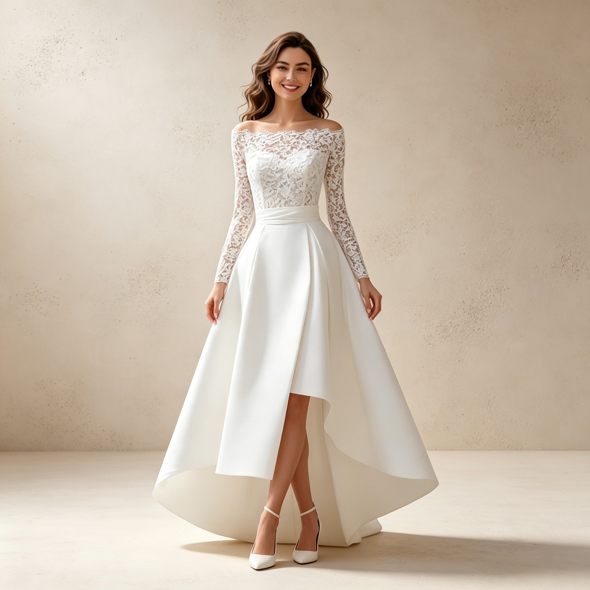 Asymmetrisches Abendkleid mit Spitzenärmeln – Elegantes Vokuhila-Kleid in Weiß